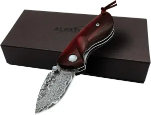 ALBATROSS Mini Pocket Knife - 4.75" Modern Damascus Steel Folding Knife with Red Sandalwood Handle - 71 Layer Hand Forged Blade - Liner Lock System - Luxury Gift Box - HGDK013