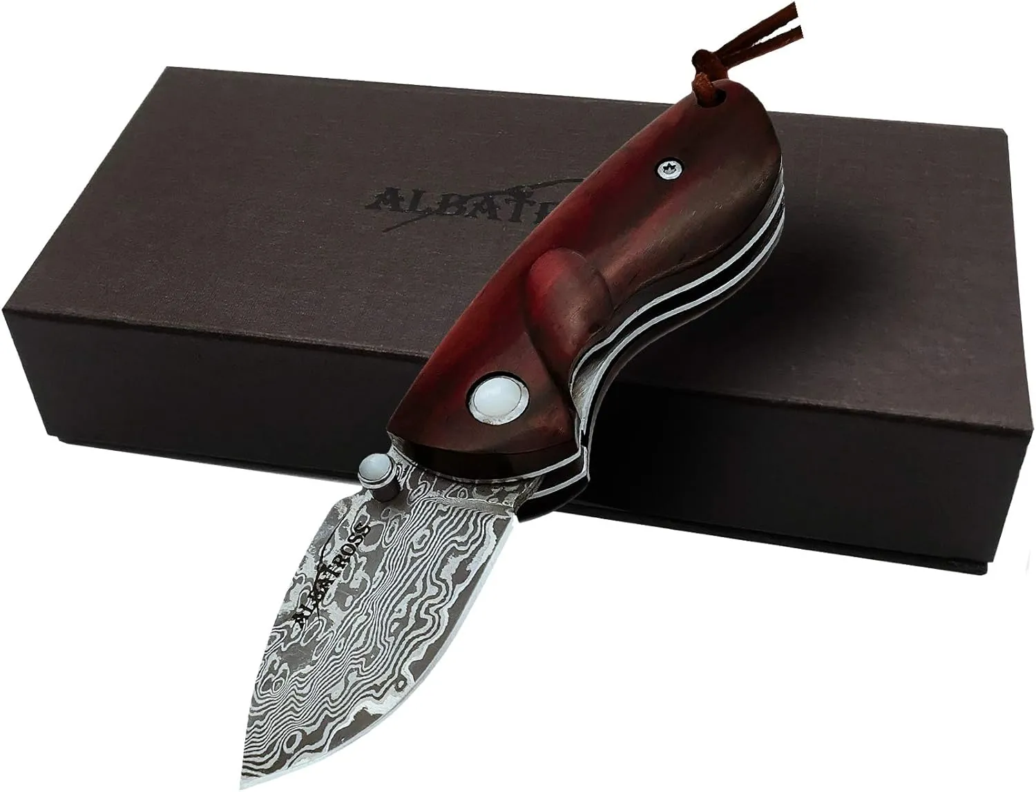 ALBATROSS Mini Pocket Knife - 4.75" Modern Damascus Steel Folding Knife with Red Sandalwood Handle - 71 Layer Hand Forged Blade - Liner Lock System - Luxury Gift Box - HGDK013