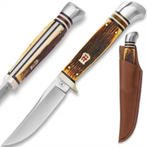 Amber Bone Hunter Knife | 3 1/2" Full-Tang 440 Stainless Steel Blade | Genuine Amber Bone Handle | Nickel Silver Cast Shield | Polished Stainless Bolster and Guard | Includes Genuine Leather Sheath | 7 3 " Overall