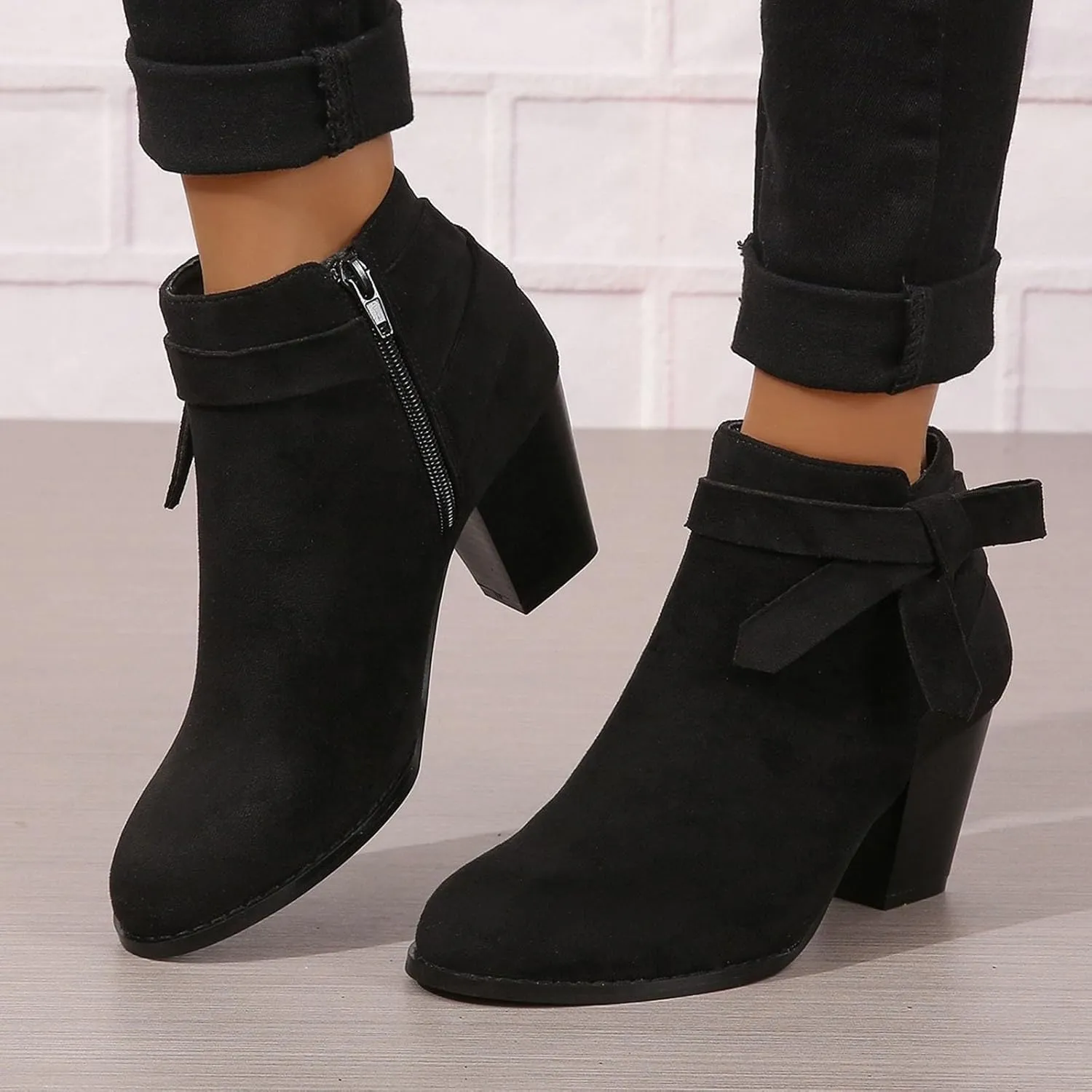 AMDBEL Fall Boots for Women 2024, Women's Ankle Boots Tie Knot Chelsea Pump Boots Closed Toe Stacked Heel Booties Shoes