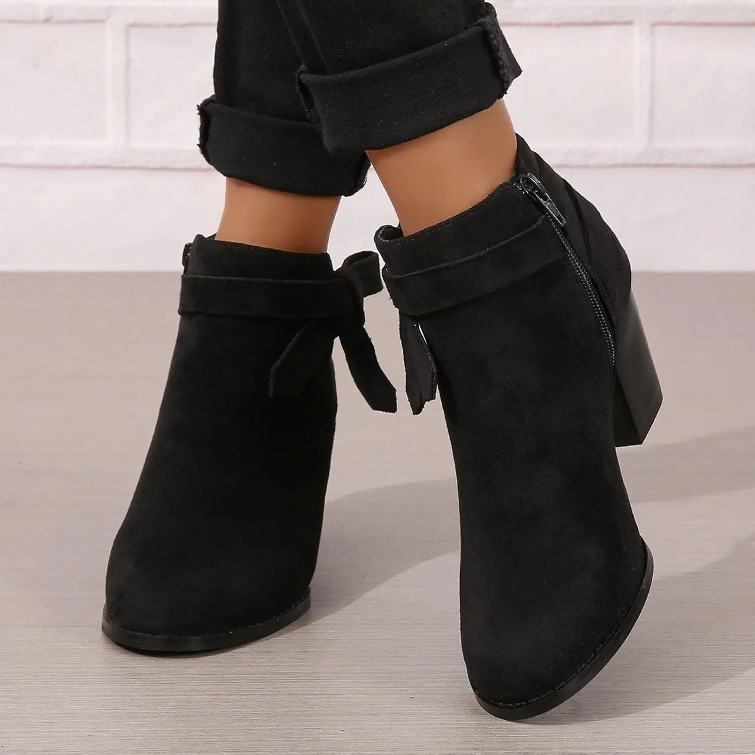 AMDBEL Fall Boots for Women 2024, Women's Ankle Boots Tie Knot Chelsea Pump Boots Closed Toe Stacked Heel Booties Shoes