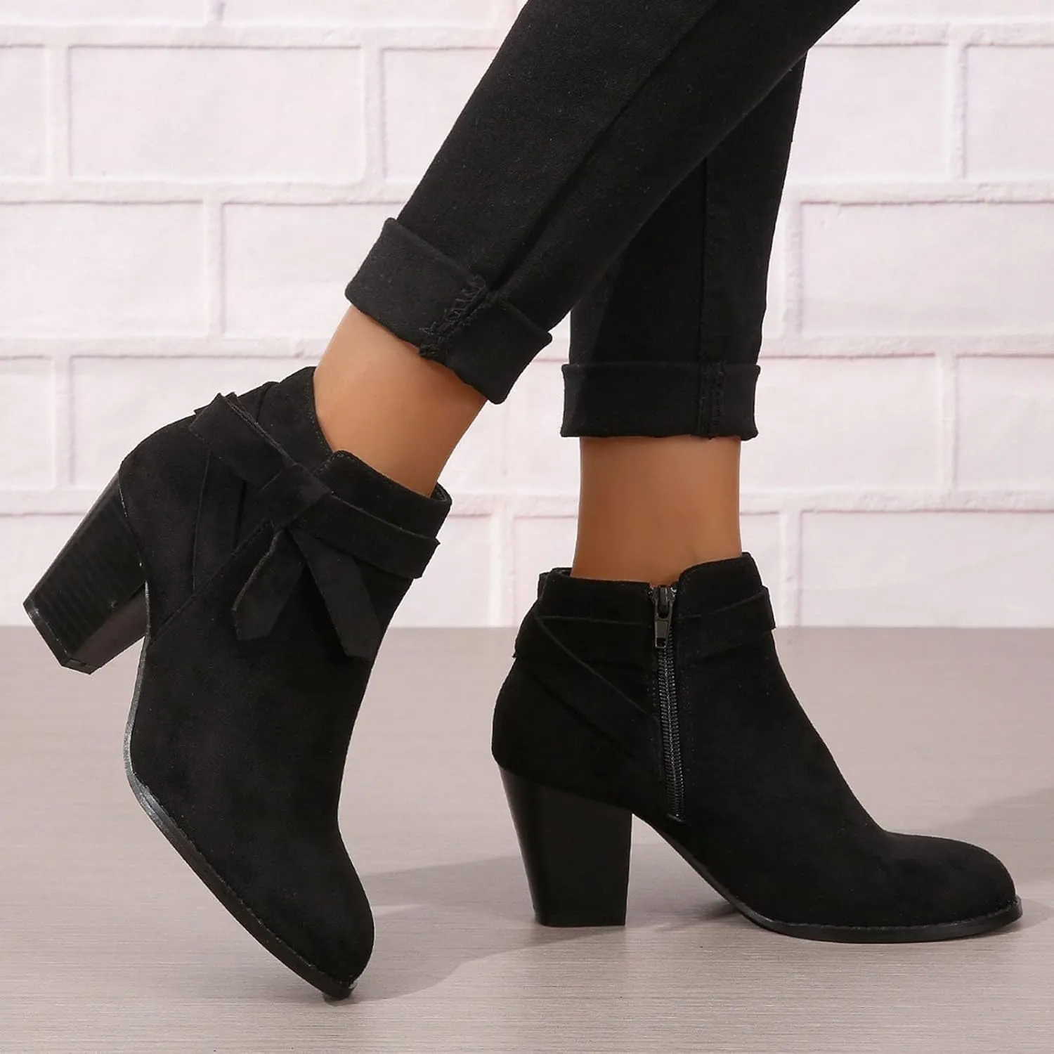 AMDBEL Fall Boots for Women 2024, Women's Ankle Boots Tie Knot Chelsea Pump Boots Closed Toe Stacked Heel Booties Shoes