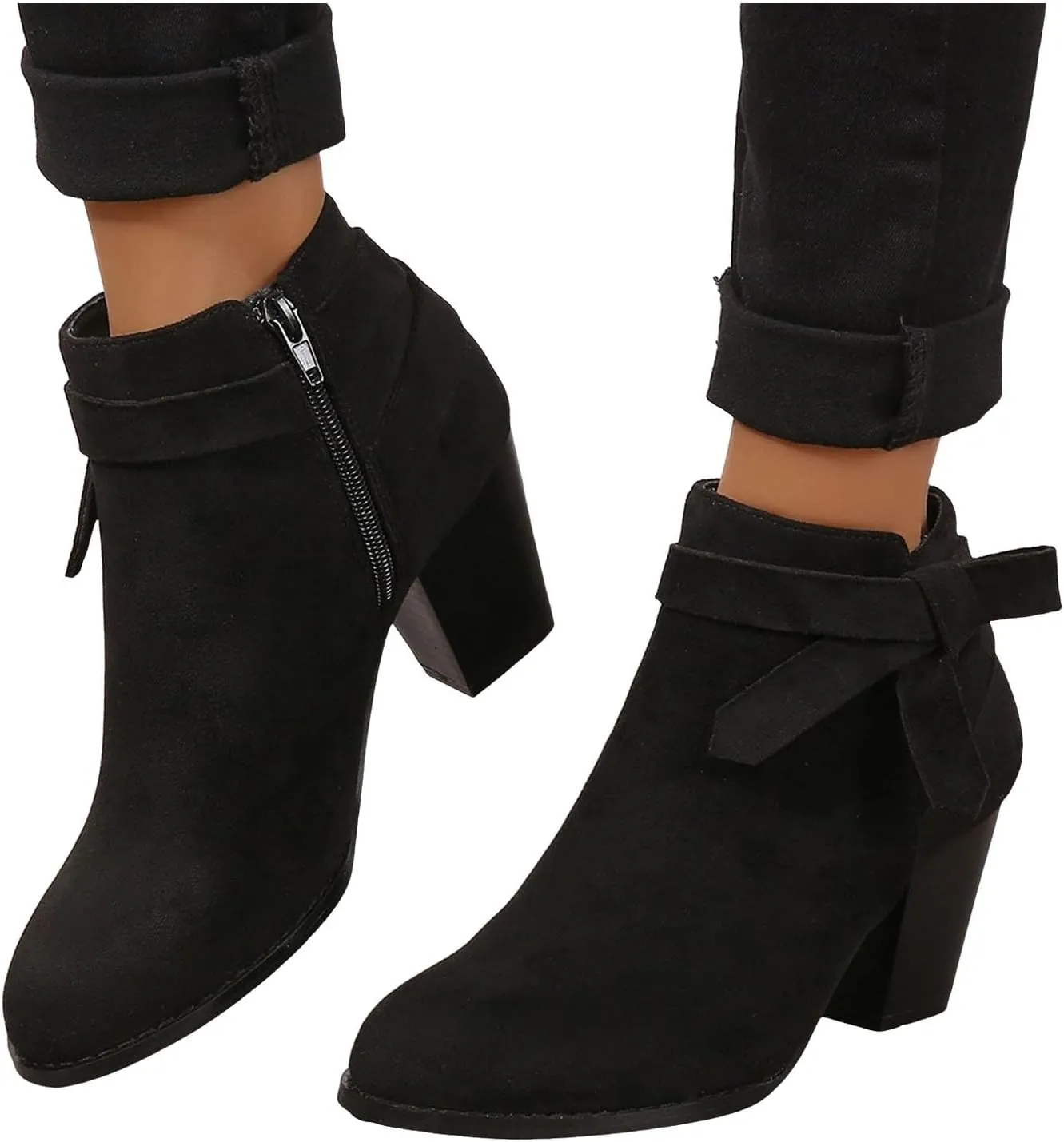 AMDBEL Fall Boots for Women 2024, Women's Ankle Boots Tie Knot Chelsea Pump Boots Closed Toe Stacked Heel Booties Shoes