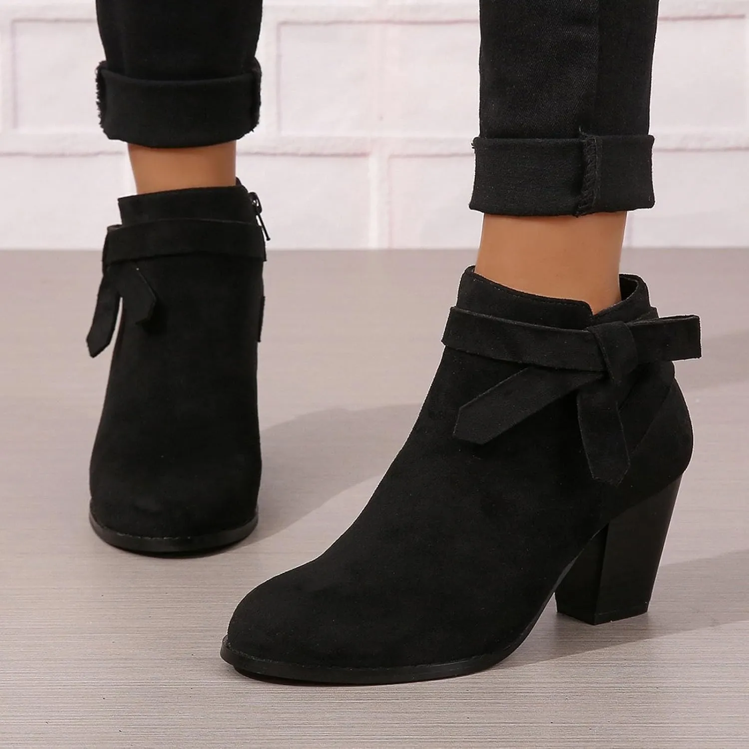 AMDBEL Fall Boots for Women 2024, Women's Ankle Boots Tie Knot Chelsea Pump Boots Closed Toe Stacked Heel Booties Shoes