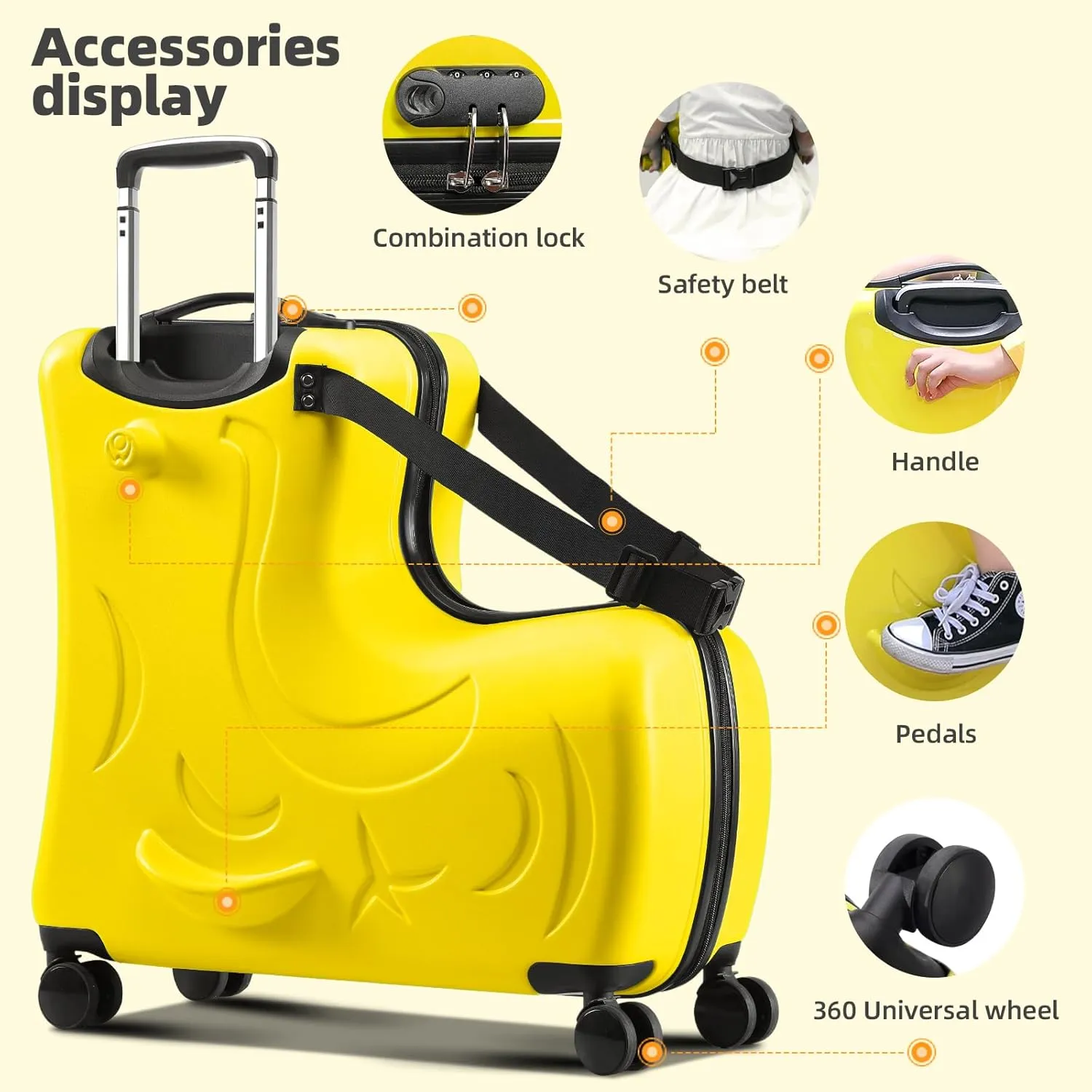 AO WEI LA OW Duffel Bag for Kids Ride-On Suitcase Carry-On Luggage with Wheels (Yellow, 24 Inch(suggest 6-12 years old))