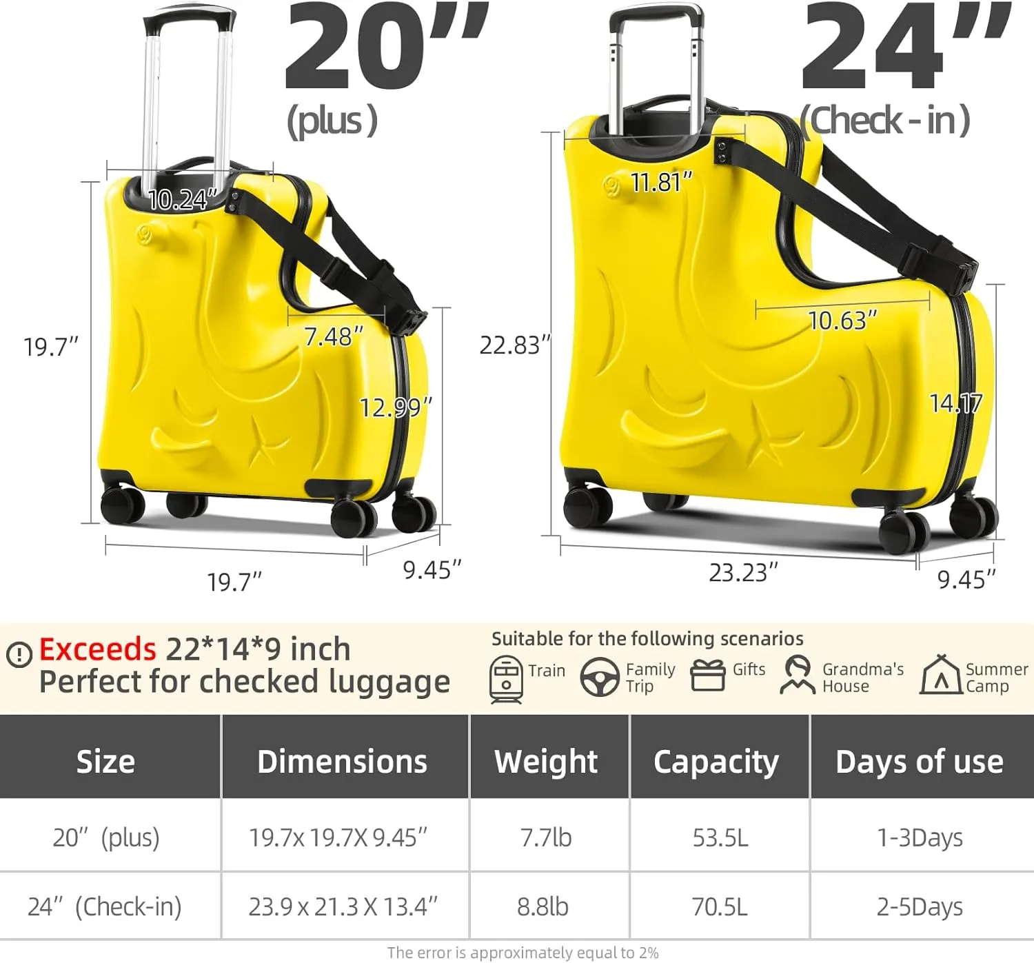AO WEI LA OW Duffel Bag for Kids Ride-On Suitcase Carry-On Luggage with Wheels (Yellow, 24 Inch(suggest 6-12 years old))