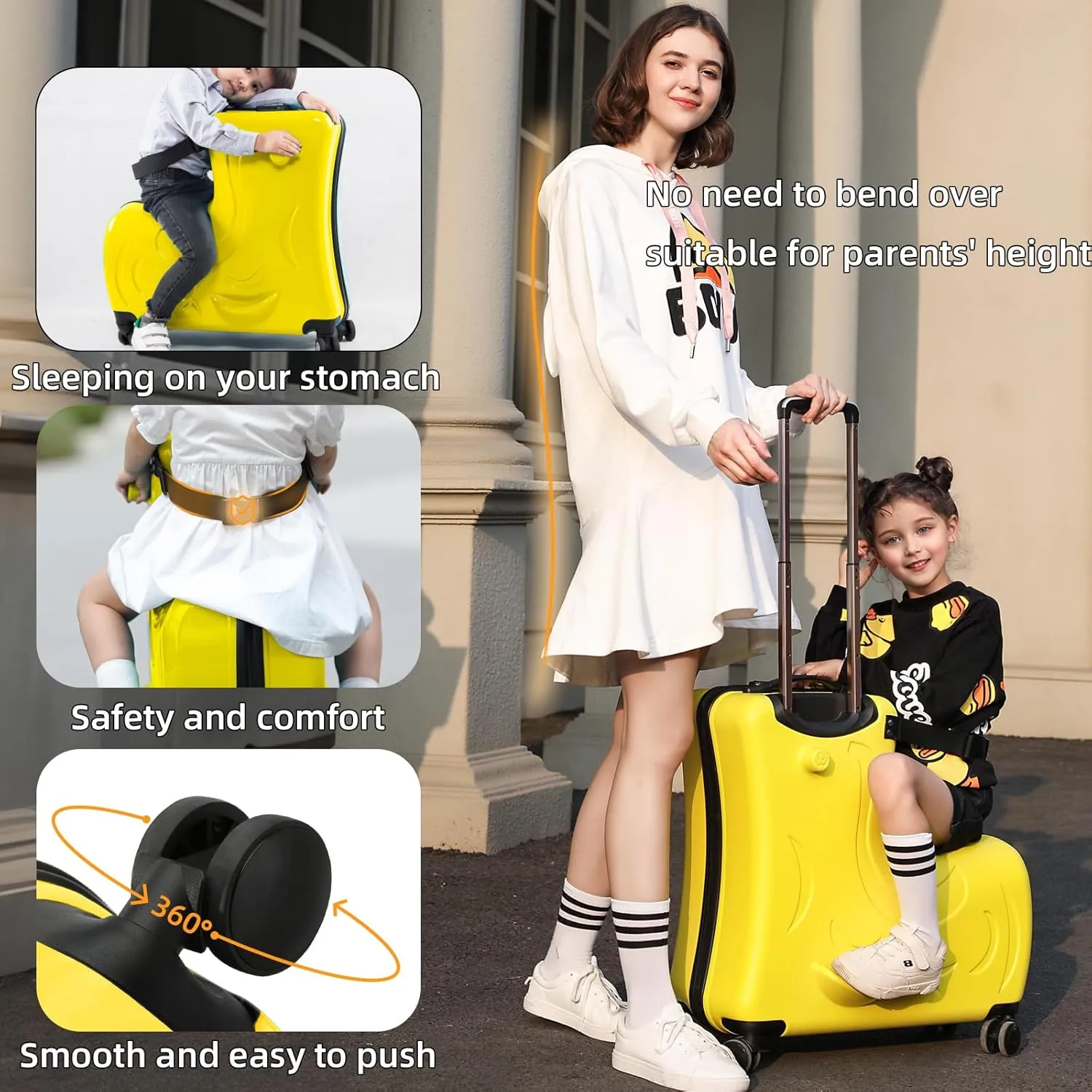 AO WEI LA OW Duffel Bag for Kids Ride-On Suitcase Carry-On Luggage with Wheels (Yellow, 24 Inch(suggest 6-12 years old))