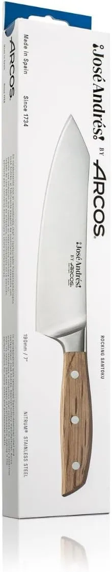 Arcos Jose Andres Rocking Santoku | 7-Inch Forged Knife for Professional Culinary Precision | NITRUM Stainless Steel Blade with Silk Edge | Ergonomic Light Brown Holm Oak Handle