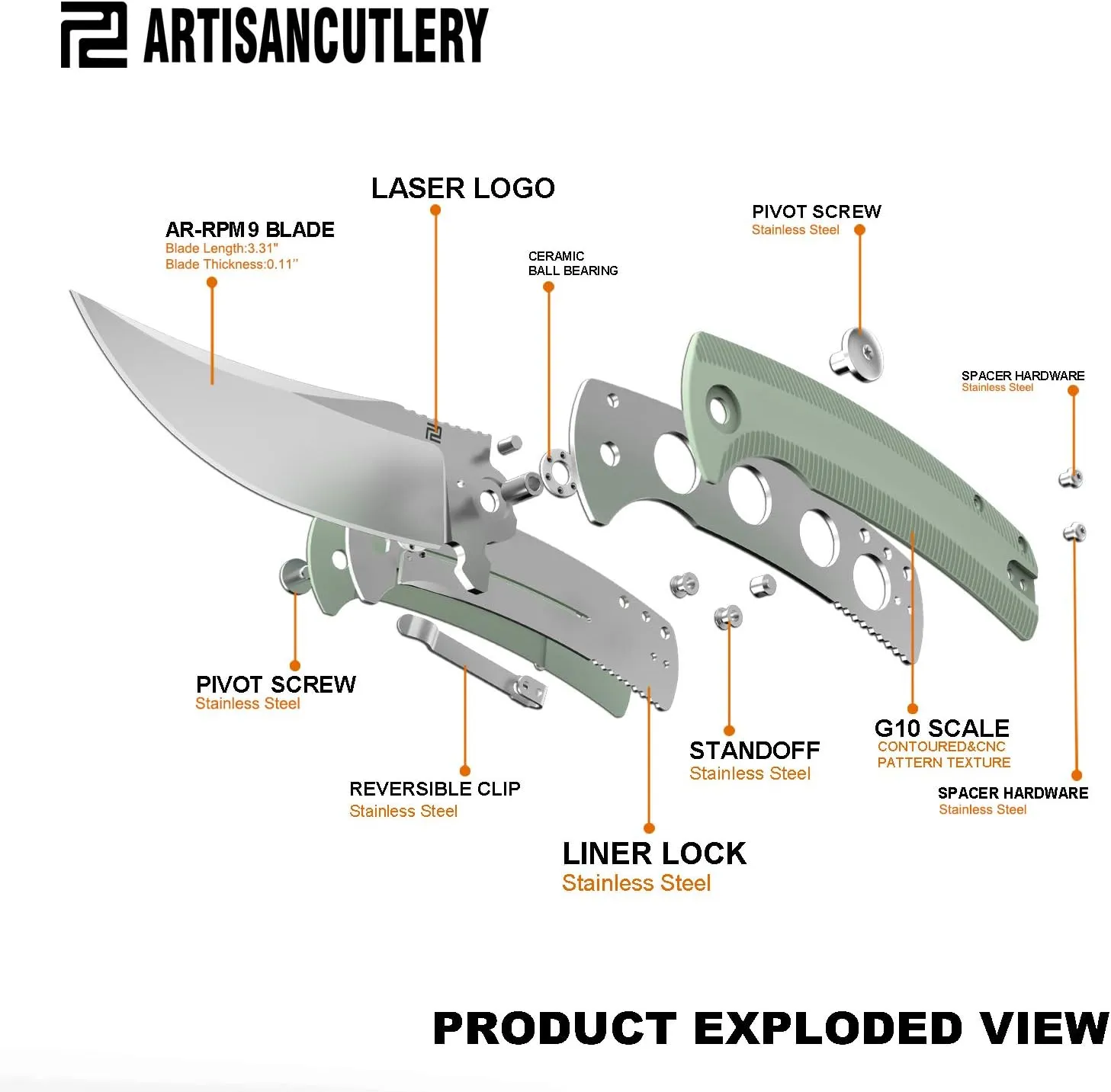 ARTISANCUTLERY Folding Hunting Knives Arroyo (ATZ-1845) AR-RPM9 Powder Steel Blade G10 Tactical Handle Pocket Folding Knife EDC Natural Green