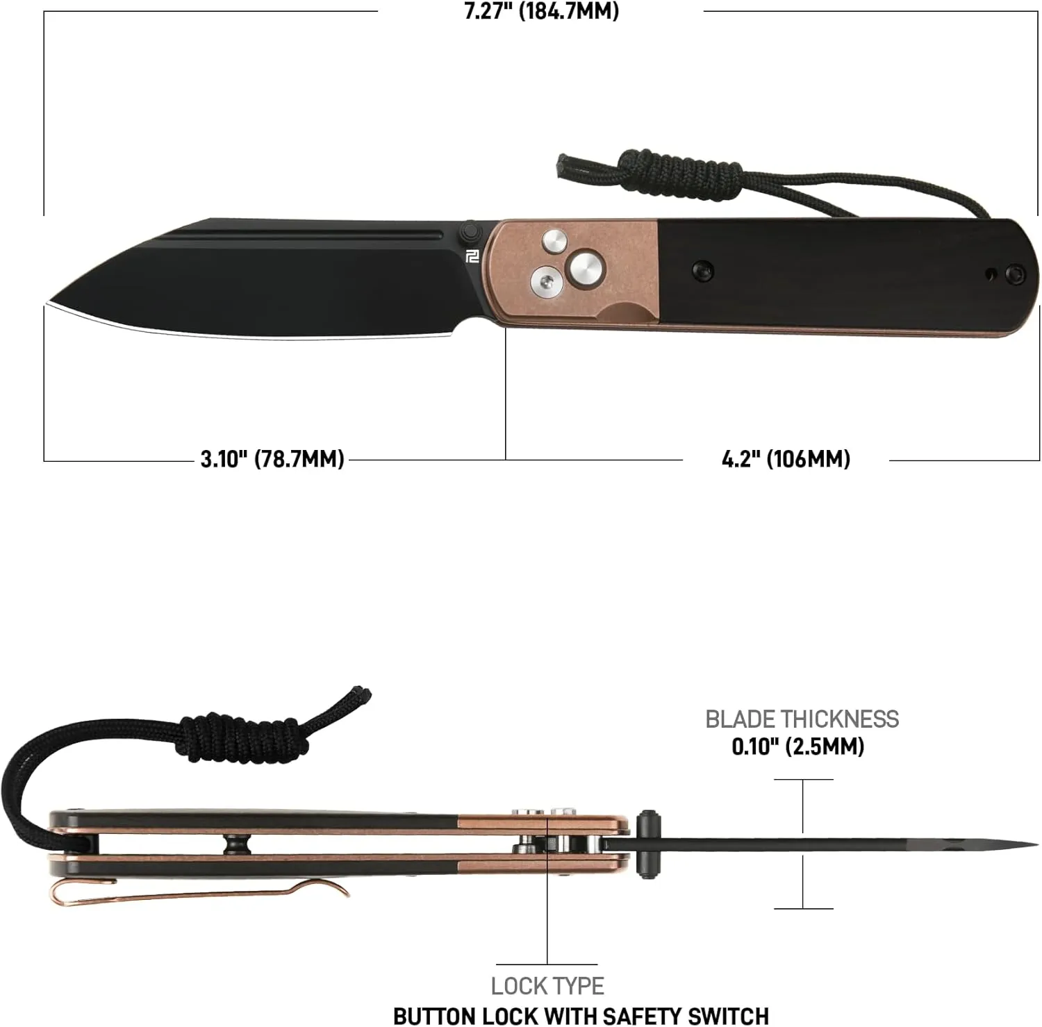 ARTISANCUTLERY Holm Folding Pocket Knife, Folding Knife with 3.10'' AR-RPM9 Steel, Handle with Rose Gold PVD Steel and Ebony Inlay, Button Lock with Safety Switch EDC Knife for Men, 1875P Rose Gold