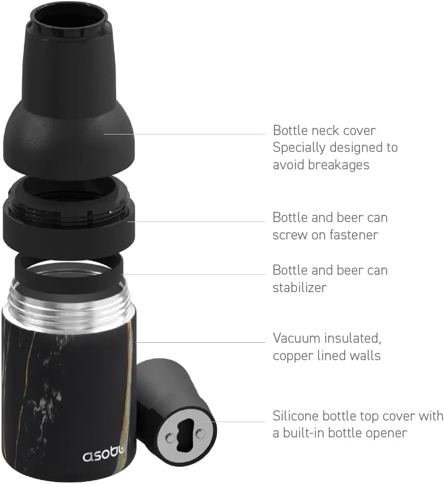 Asobu Frosty Beer Holder 2 Go Vacuum Insulated Double Walled Stainless Steel Beer Can and Bottle Cooler with Beer Opener Eco Friendly and Bpa Free(Midnight Marble)