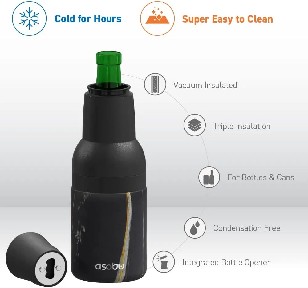 Asobu Frosty Beer Holder 2 Go Vacuum Insulated Double Walled Stainless Steel Beer Can and Bottle Cooler with Beer Opener Eco Friendly and Bpa Free(Midnight Marble)
