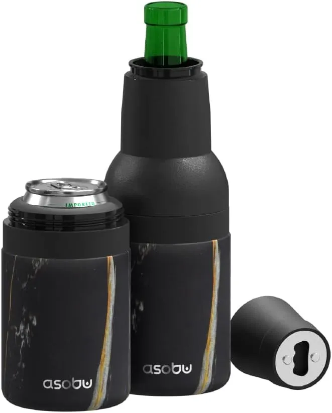 Asobu Frosty Beer Holder 2 Go Vacuum Insulated Double Walled Stainless Steel Beer Can and Bottle Cooler with Beer Opener Eco Friendly and Bpa Free(Midnight Marble)