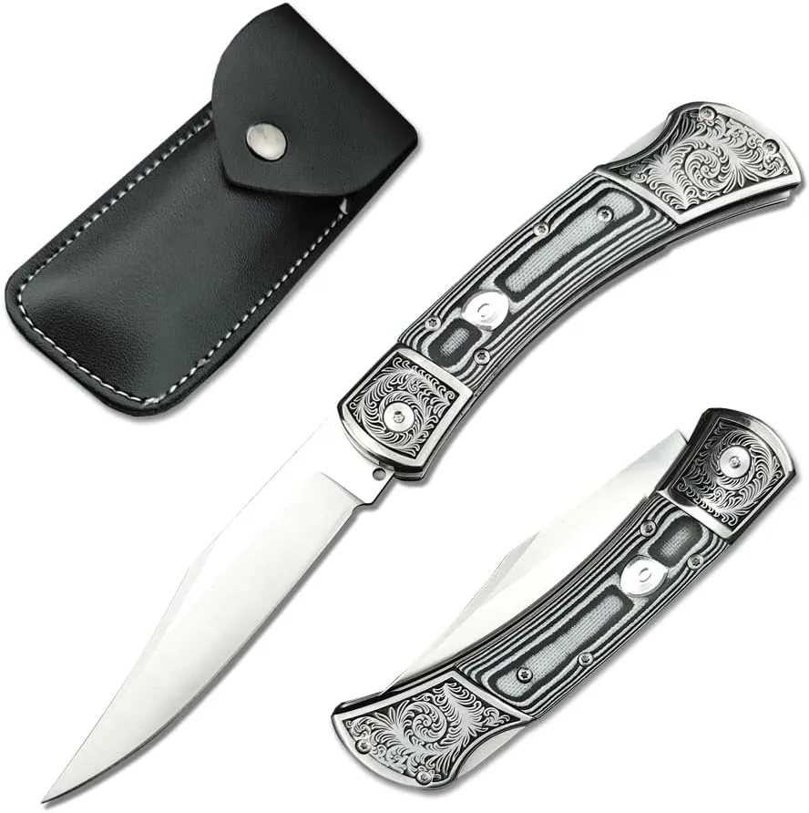 Assisted Opening EDC Pocket Knife for Men, D2 Stainless Steel Blade, Lock-back Tactical Knife with Mikata Handle, Button Folding Knife for Camping (Grey)