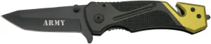 Assisted Rescue Folding Knife K2776GN, Black Aluminium Handle with Green Detail, 9.5 cm Black Stainless Steel Blade. with Cutter, seat Belt and Glass Breaker tip, Clip, Sheath