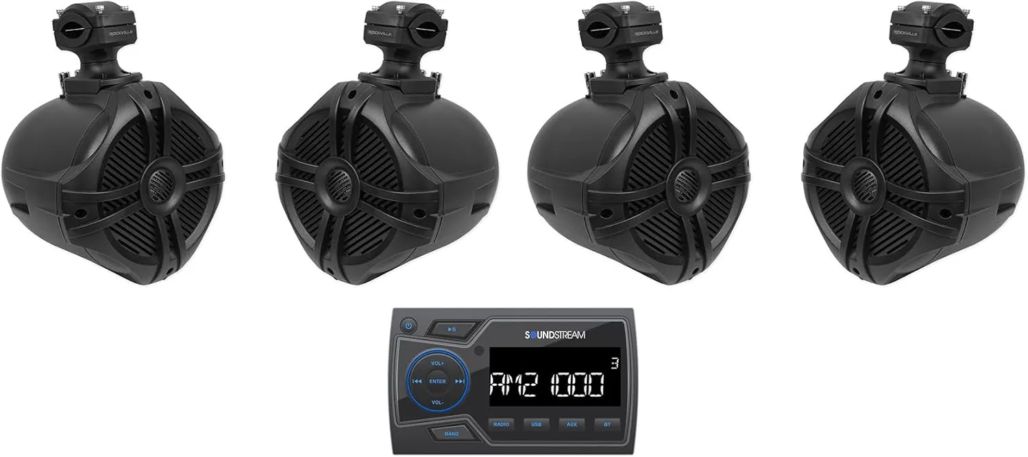 Audiosavings Bundle: Soundstream MHU-32 Marine ATV/UTV Digital Media Receiver Bluetooth Bundle with (2) Pair Rockville RWB70B Black 6.5" 250w Marine Wakeboard 360 Swivel Tower Speakers (3 Items)