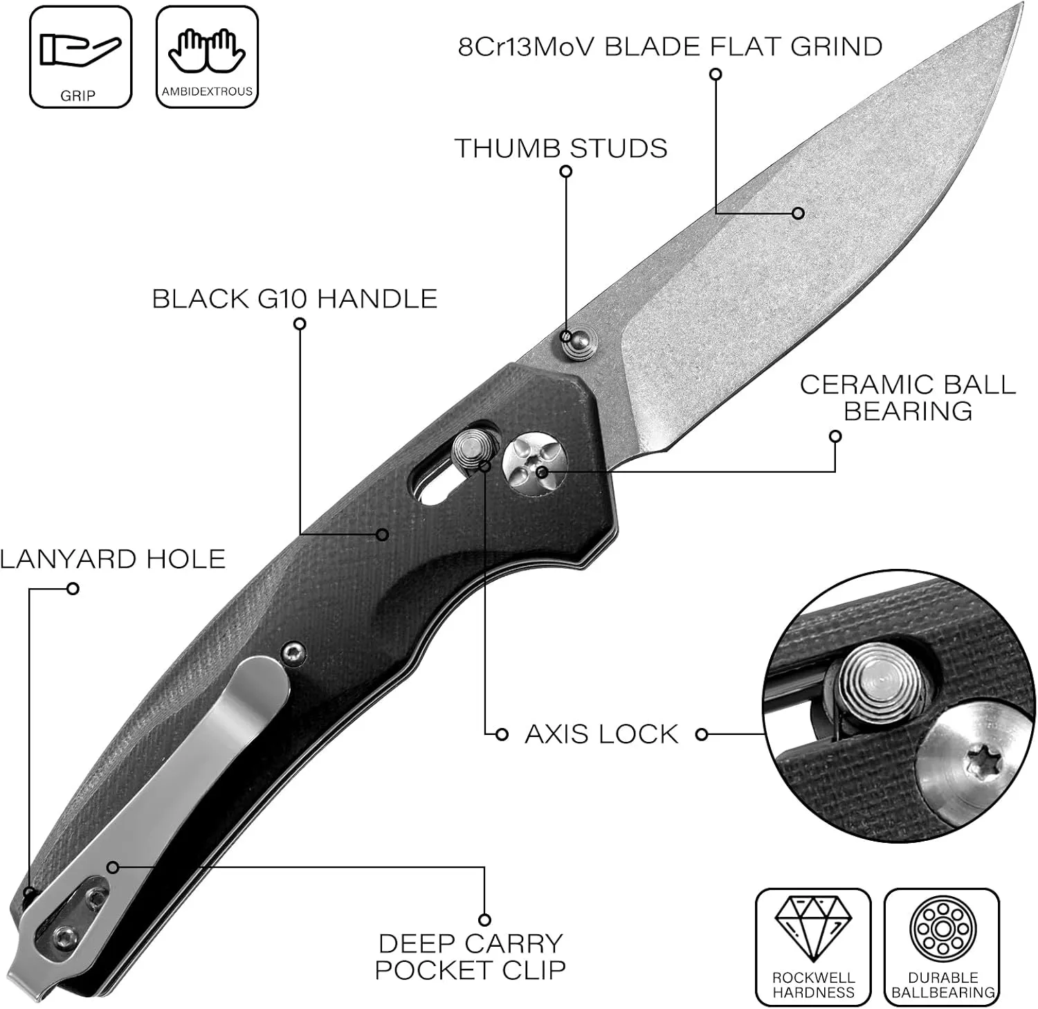 Axis Lock Folding Pocket Knife with Clip, 3.35" 8Cr13MoV Steel Drop Point Blade and G10 Handle, Crossbar Lock Knives for Men Women Camping Hiking Survival Pocketknife