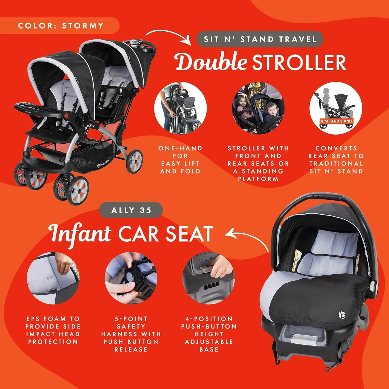 Baby Trend Infant and Toddler Double Stroller & Car Seat Combo, 2 Pc Set, Stormy - Portable and Lightweight Stroller Duo and Car Seat Travel System Tandem