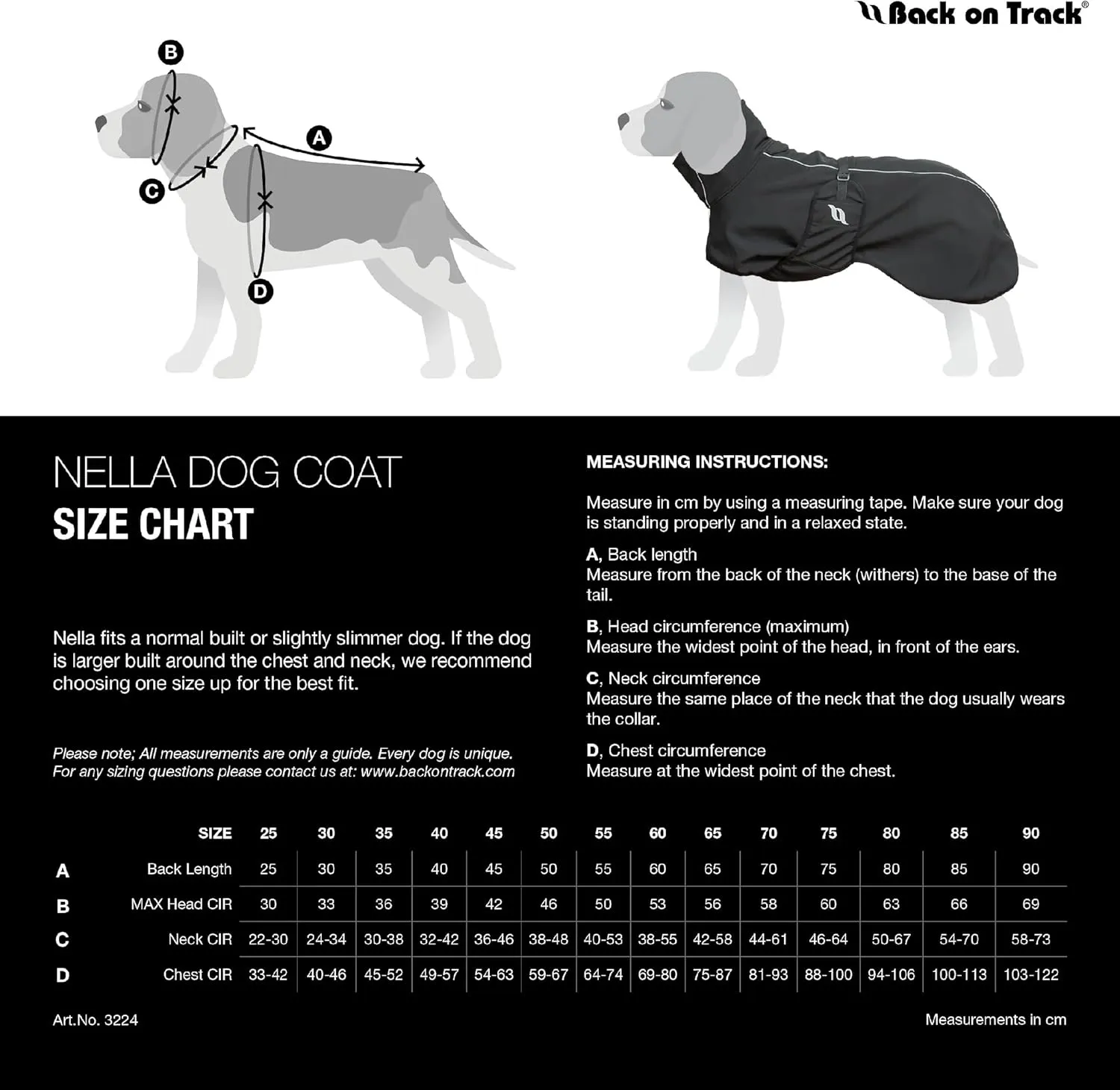 Back on Track Nella Therapeutic Low Tail Set Dog Coat with Reflective Details and Patterns - Ultimate Comfort & Protection for Active Dogs, Black, 55cm