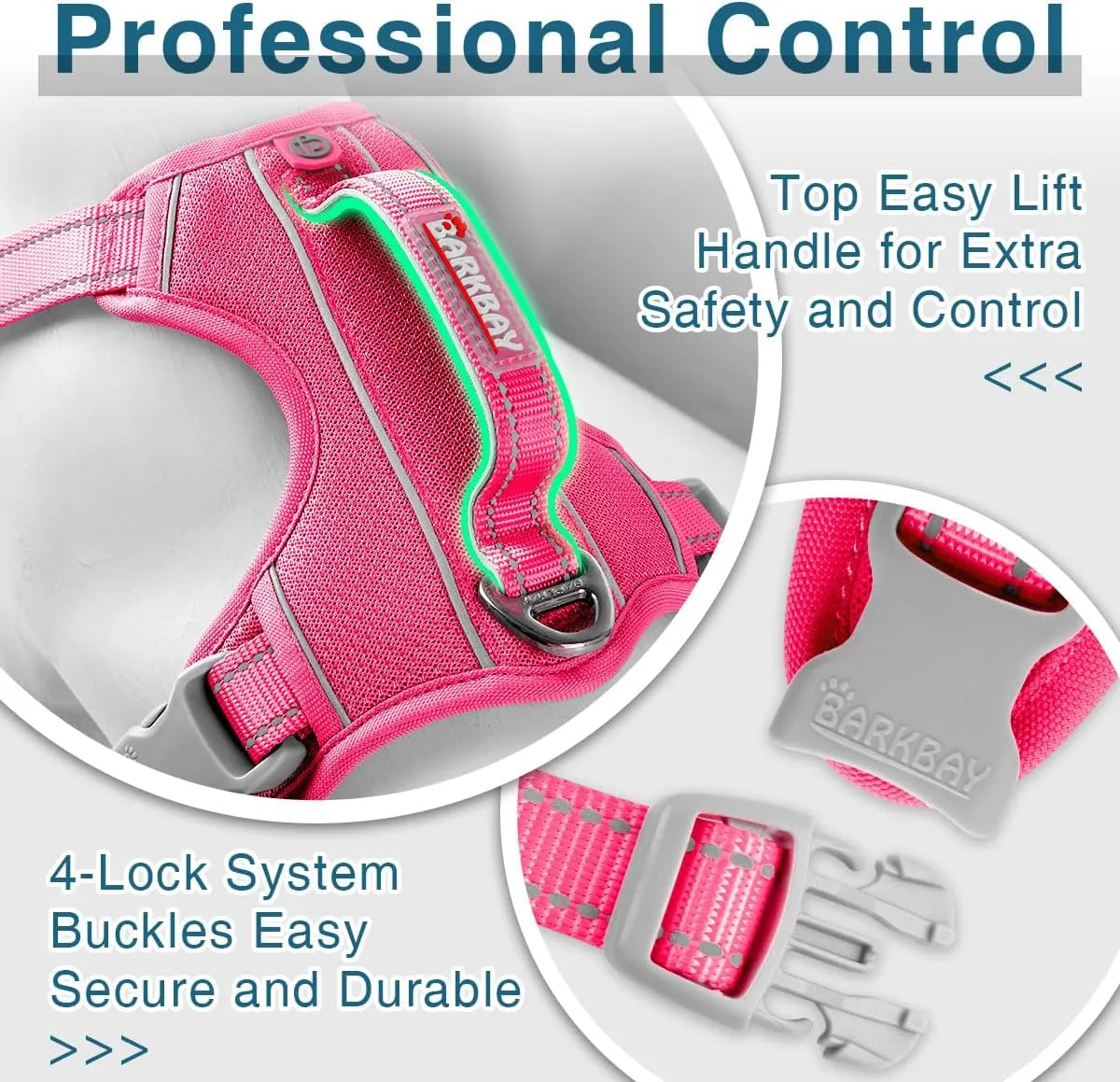 BARKBAY Dog Harness No Pull with ID Tag Pocket - Heavy Duty, Reflective, Easy Control for Large Dogs (Pink,L)