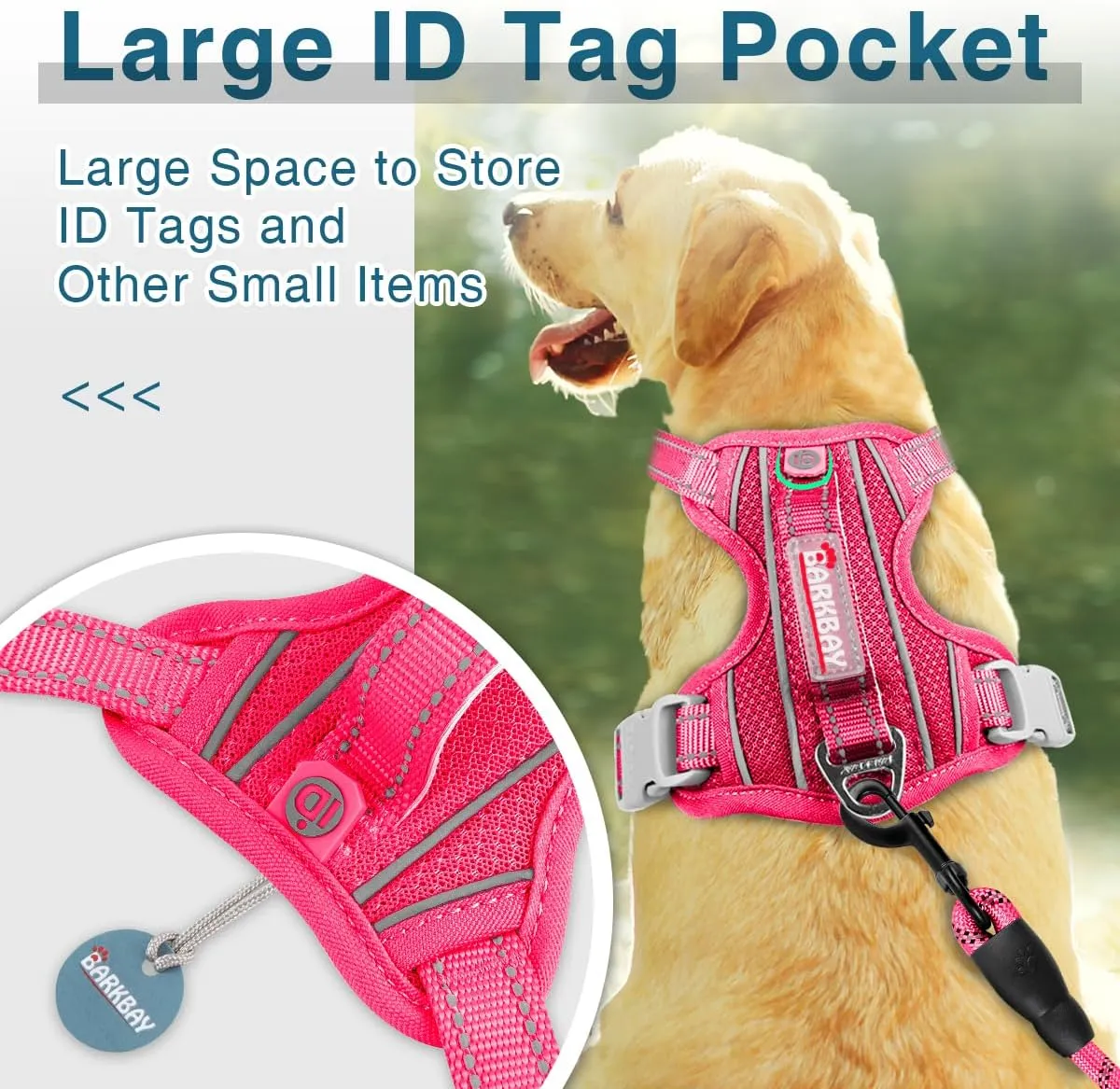 BARKBAY Dog Harness No Pull with ID Tag Pocket - Heavy Duty, Reflective, Easy Control for Large Dogs (Pink,L)