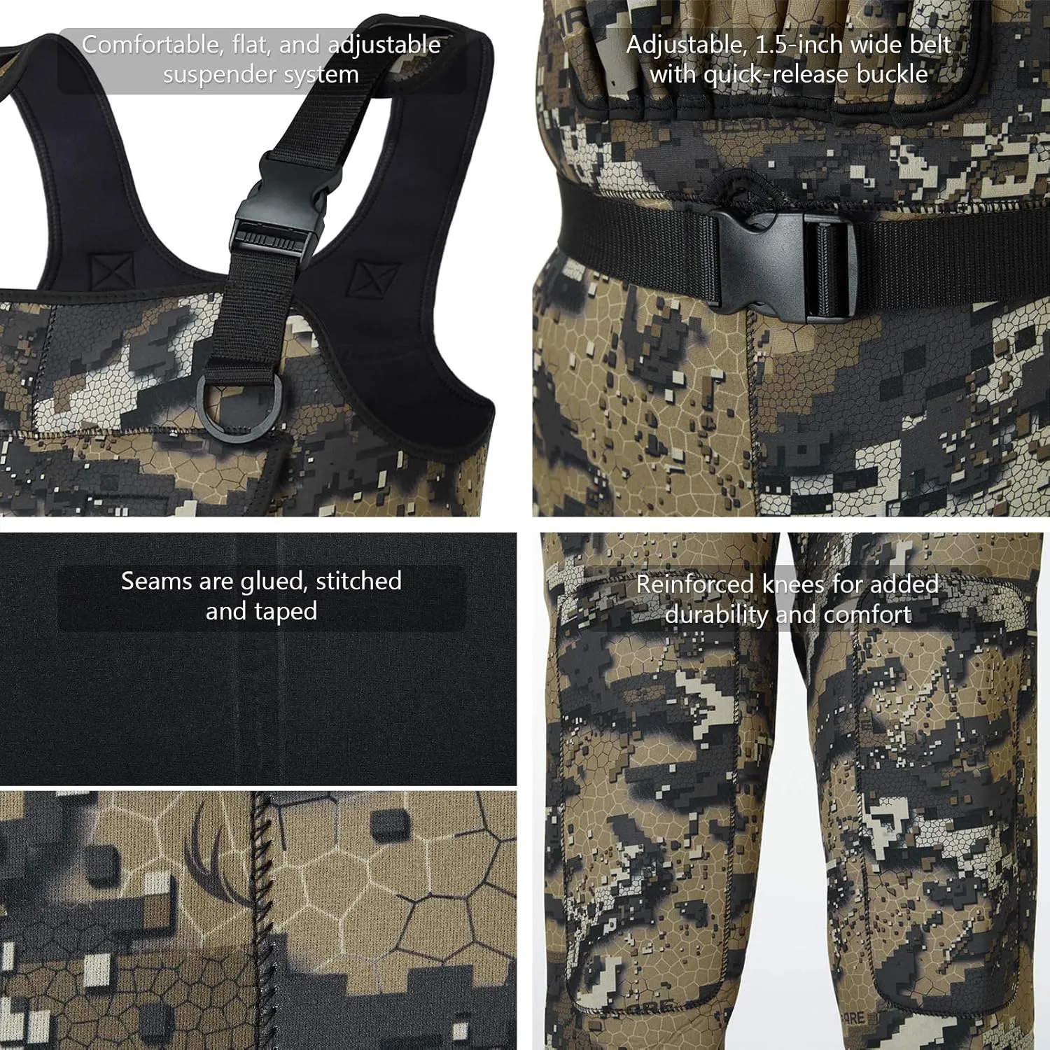 BASSDASH Bare Camo Neoprene Chest Fishing Hunting Waders for Men with 600 Grams Insulated Rubber Bootfoot
