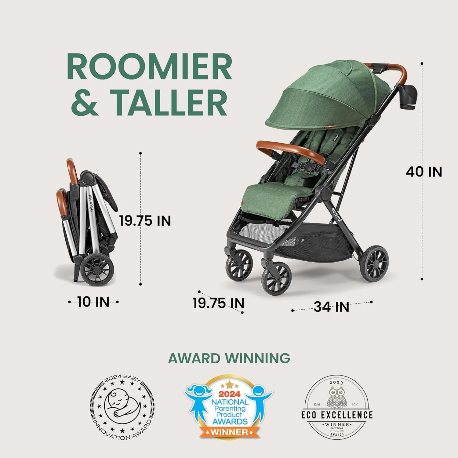 Bēbee V2 Lightweight Baby Stroller - Premium Vegan Leather, One-Hand Fold, Infinite Recline, Aircraft-Grade Aluminum Frame, XXL Canopy, and Ample Storage Umbrella Stroller - Hunter Green