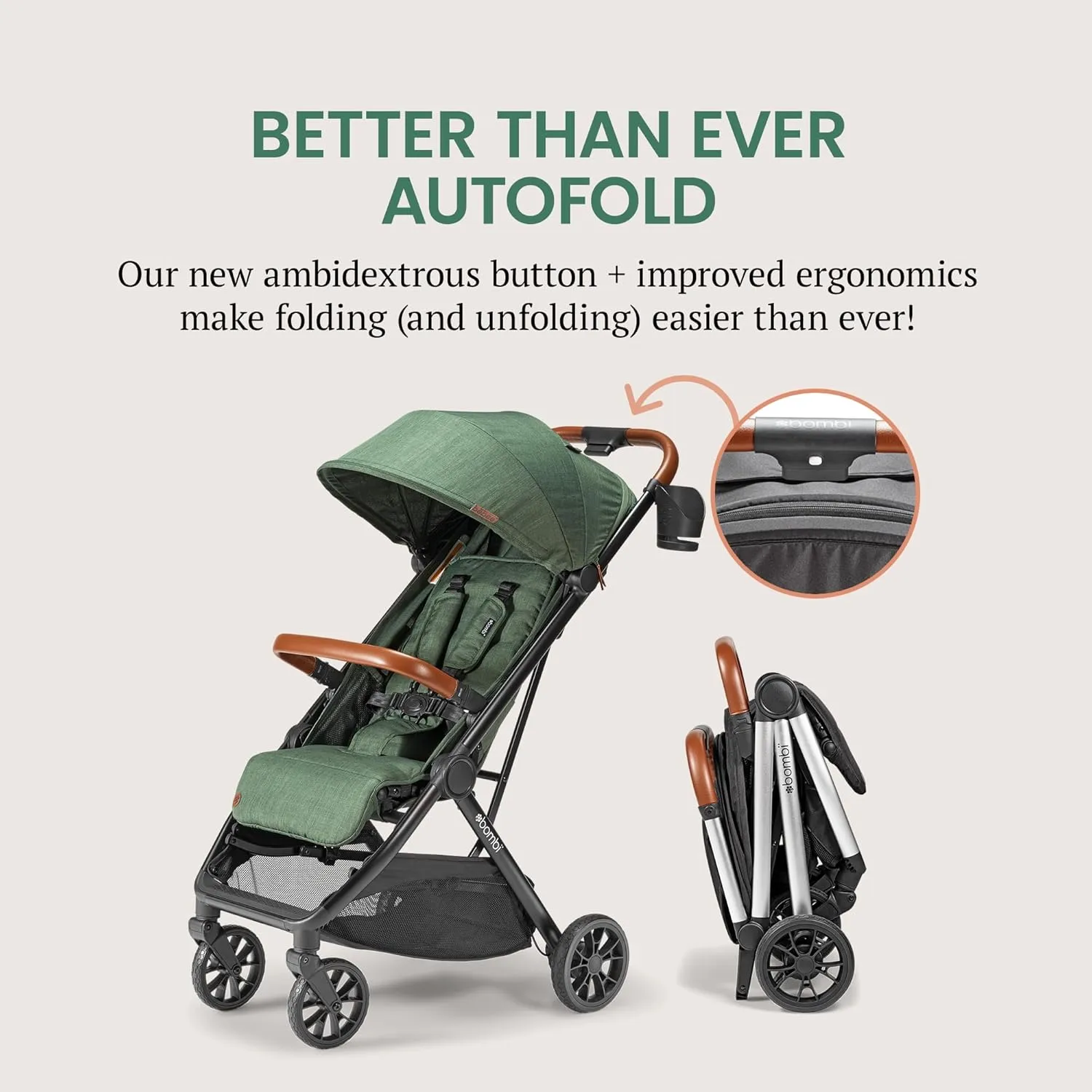Bēbee V2 Lightweight Baby Stroller - Premium Vegan Leather, One-Hand Fold, Infinite Recline, Aircraft-Grade Aluminum Frame, XXL Canopy, and Ample Storage Umbrella Stroller - Hunter Green