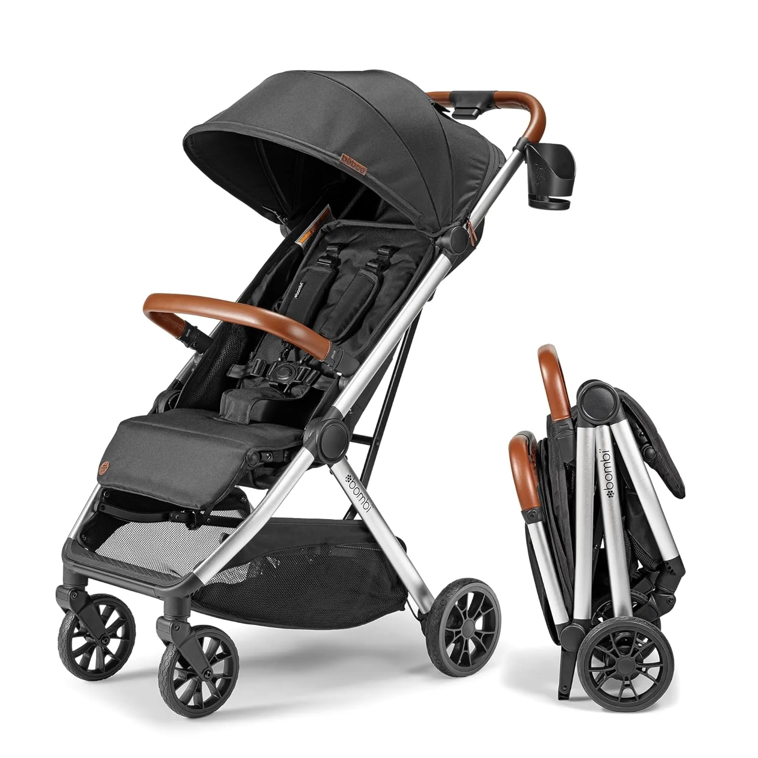 Bēbee V2 Lightweight Baby Stroller - Premium Vegan Leather, One-Hand Fold, Infinite Recline, Aircraft-Grade Aluminum Frame, XXL Canopy, and Ample Storage Umbrella Stroller - Midnight Black