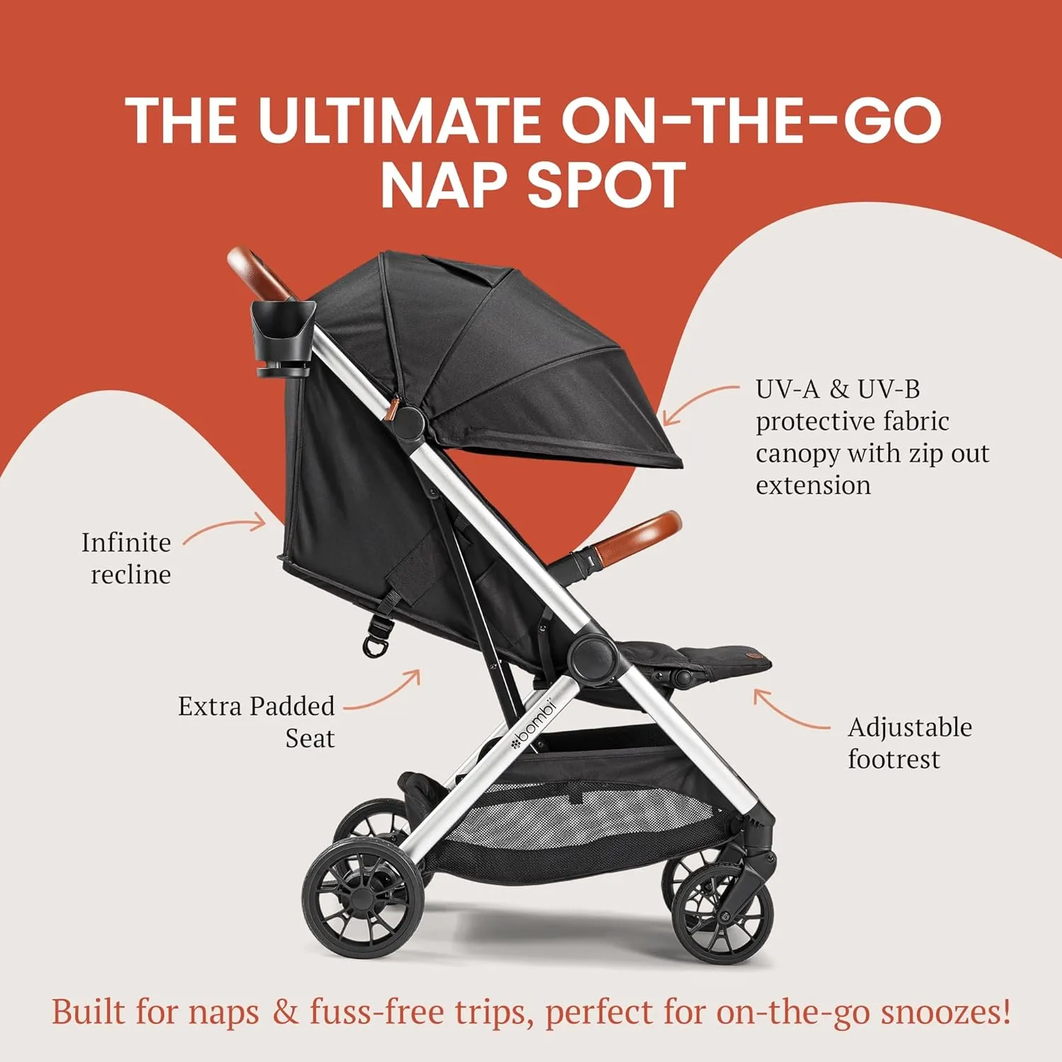Bēbee V2 Lightweight Baby Stroller - Premium Vegan Leather, One-Hand Fold, Infinite Recline, Aircraft-Grade Aluminum Frame, XXL Canopy, and Ample Storage Umbrella Stroller - Midnight Black