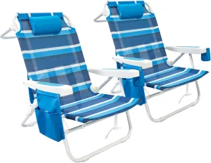 Beach Chair 2 Pack, 5 Positions Textilene Folding Reclining Beach Chair with Backpack Straps, Cooler Bag & Cup Holder for Outdoor Lawn Camping