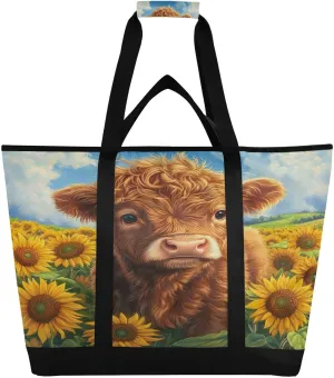 Beautiful Highland Cow Baby Reusable Insulated Lunchbox Cooler Bag, Leakproof Kitchen Grocery Bag Collapsible Portable Cooler Tote Bag for Picnic, Camping, Office, Travel