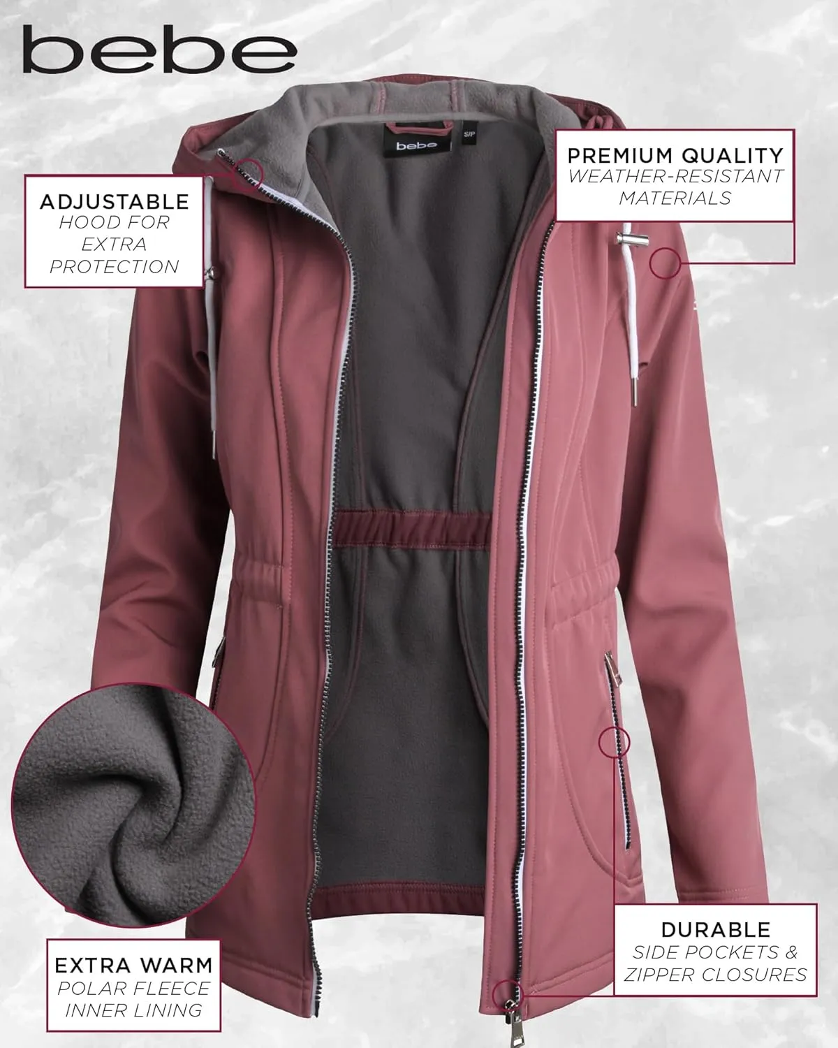 bebe Women's Long Softshell Jacket - Lightweight Quilted Hooded Zip Up Jacket - Insulated Windbreaker Jacket for Women (S-XL)