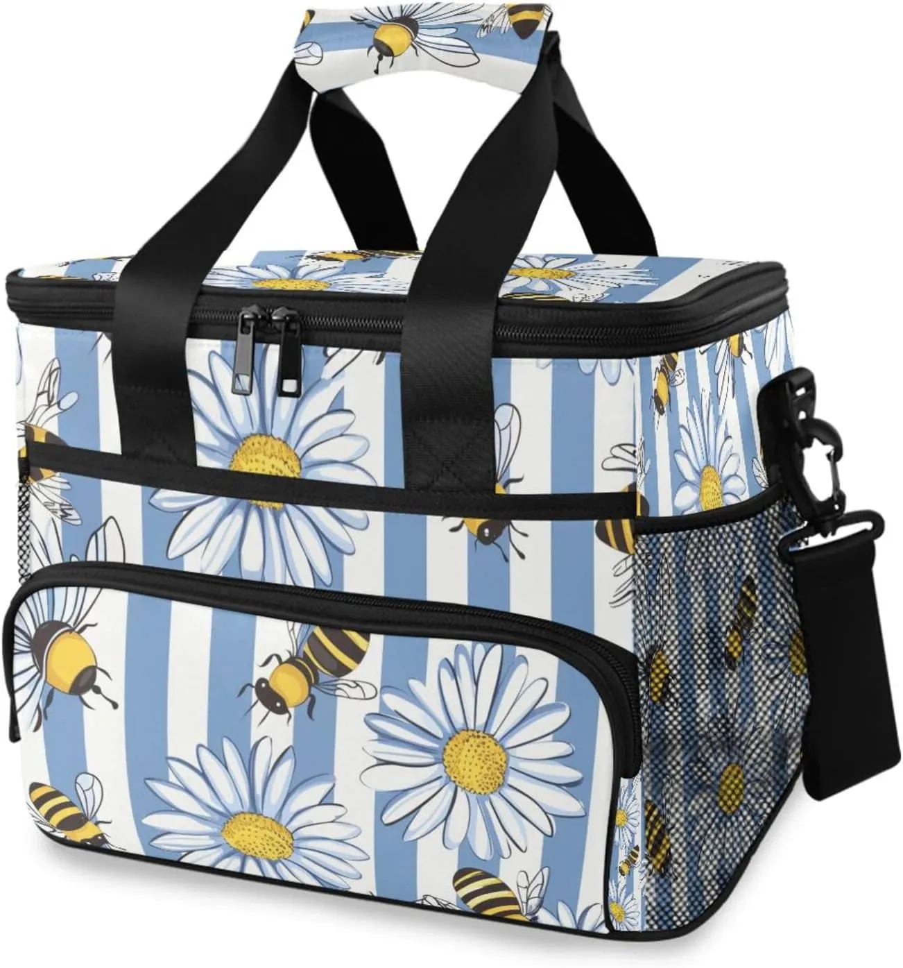 Bee Daisy White Blue Stripes Cooler Bag Insulated Cooler Soft Sided Cooler 24 Can Portable Picnic Bag Large Leakproof Lunch Bag Box for Beach Grocery Camping Travel Car Men Women