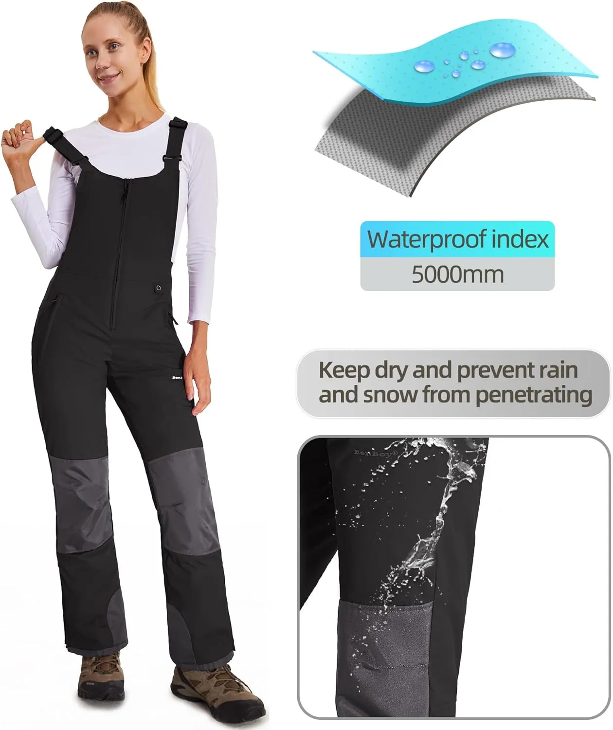 BenBoy Women's Snow Bibs Ski Waterproof Windproof Insulated Overalls Ripstop Snowboard Pants Winter
