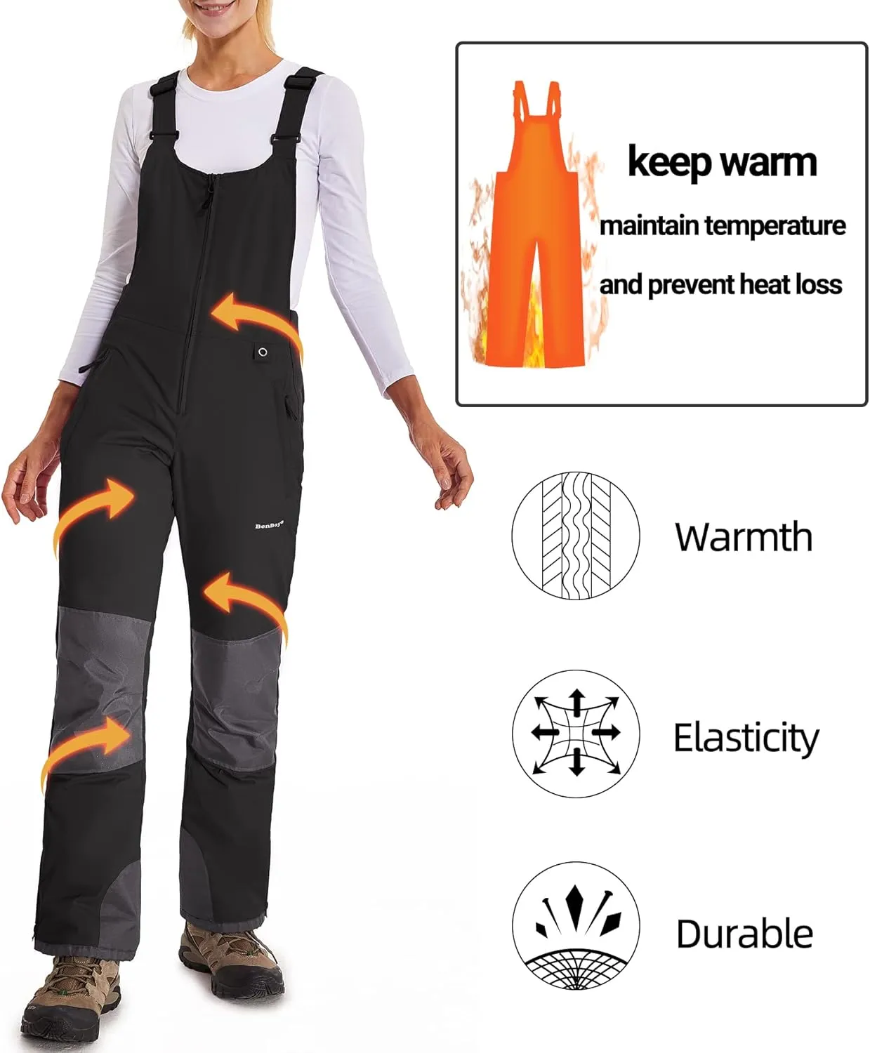 BenBoy Women's Snow Bibs Ski Waterproof Windproof Insulated Overalls Ripstop Snowboard Pants Winter