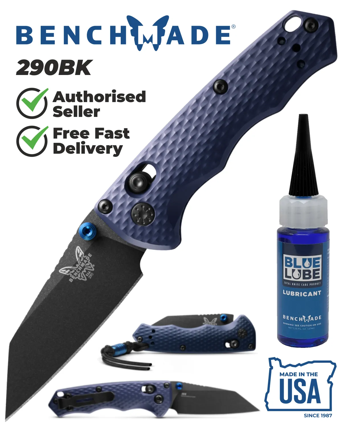 Benchmade 290BK Full Immunity Black CPM-M4 Crater Blue Handle 2.49'' Plain Edge Pocket Knife with Benchmade Blue Lube Lubricant for knives 37ml 1.25fl oz (Made in USA)