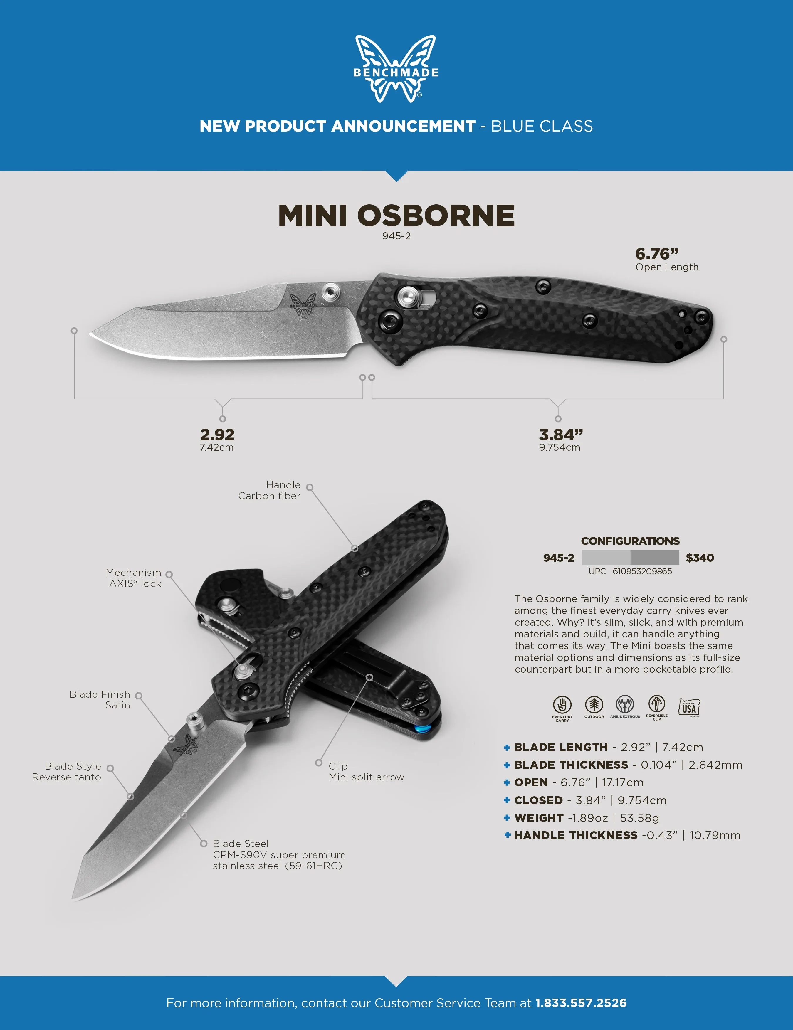Benchmade 945-2 Mini Osborne Carbon Fiber 2.92" CPM-S90V Folding Pocket Knife