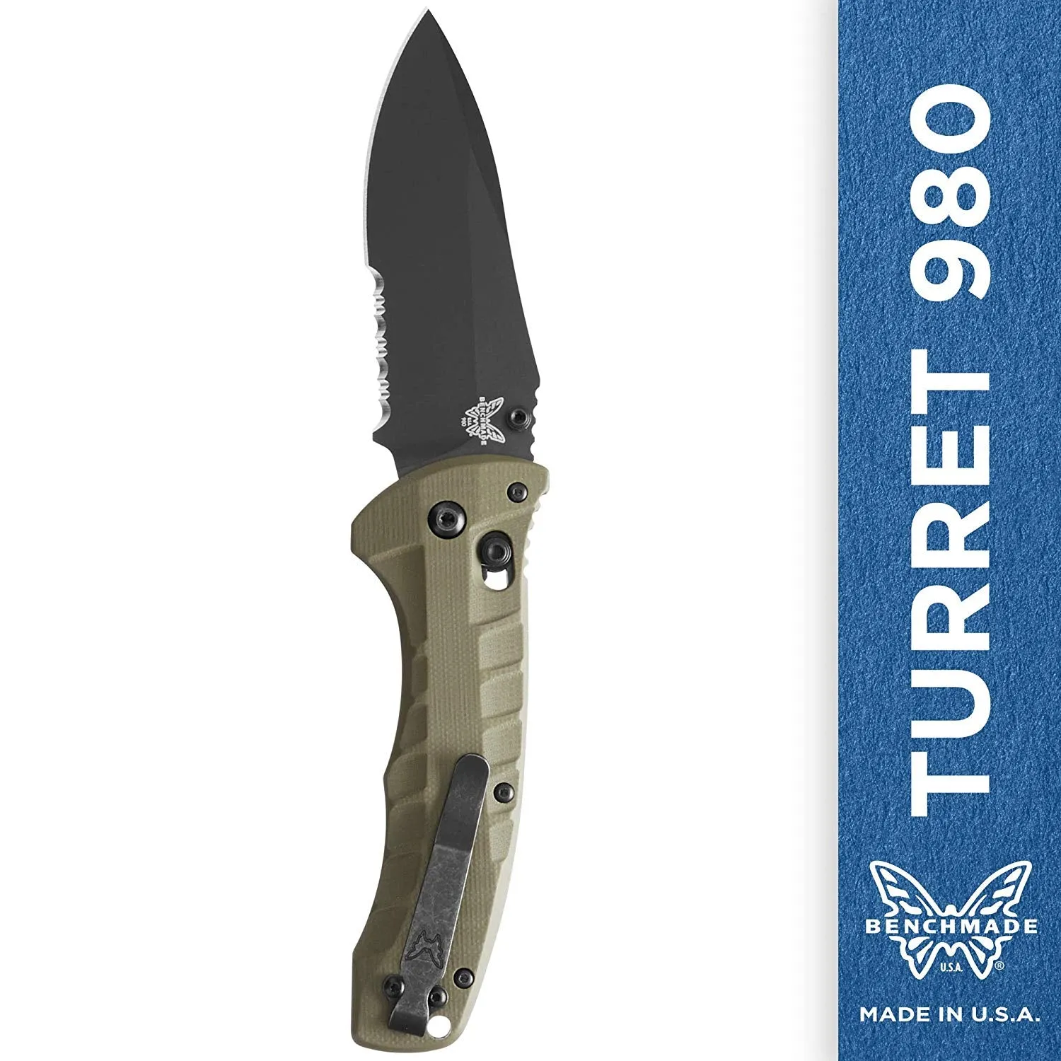 Benchmade 980SBK Turret AXIS Lock OD Green G-10 3.7" Black Serr Folding Pocket Knife