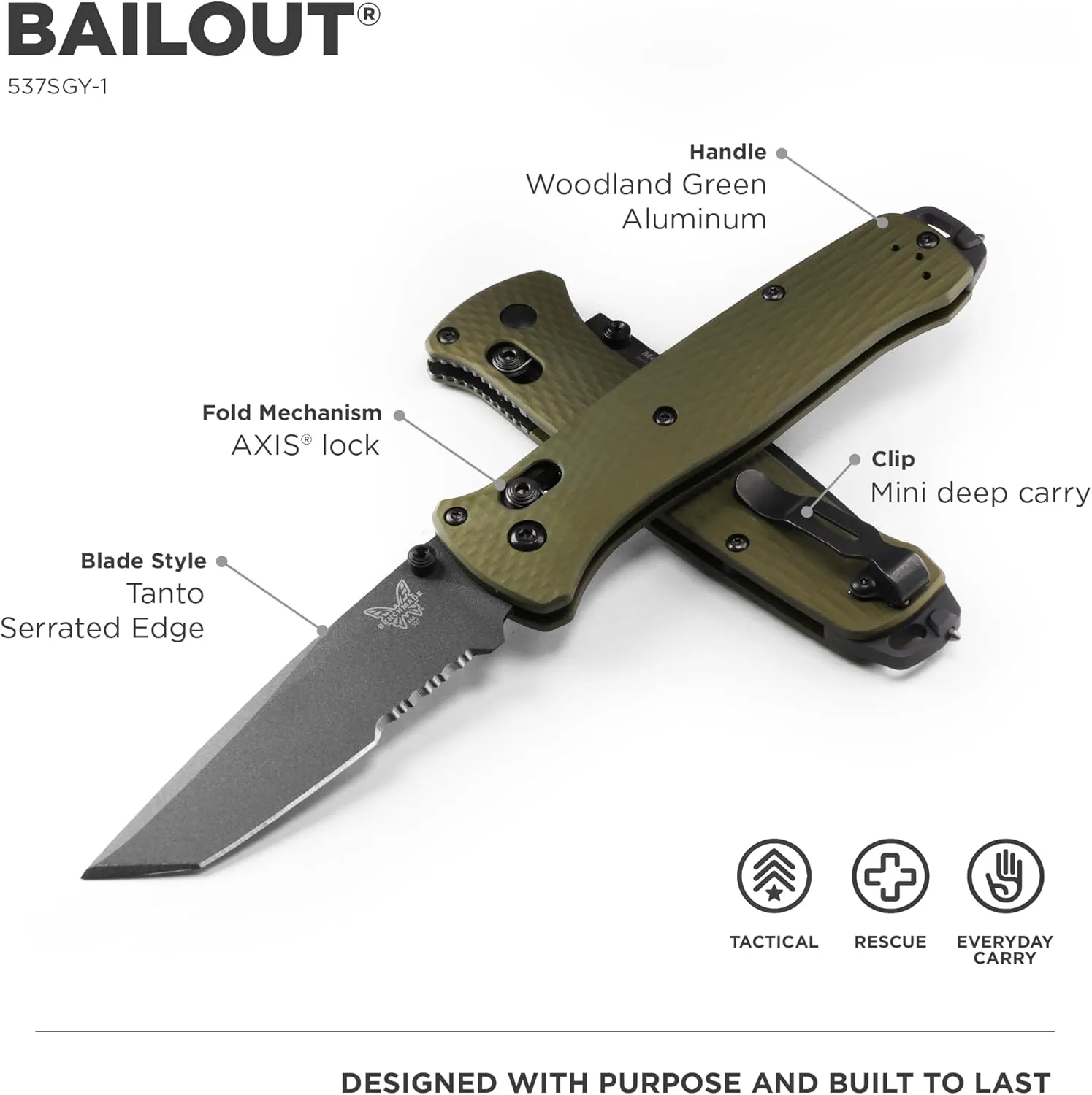 Benchmade - Bailout 537GY EDC Knife, Tanto Blade with Woodland Green Handle (537SGY-1)
