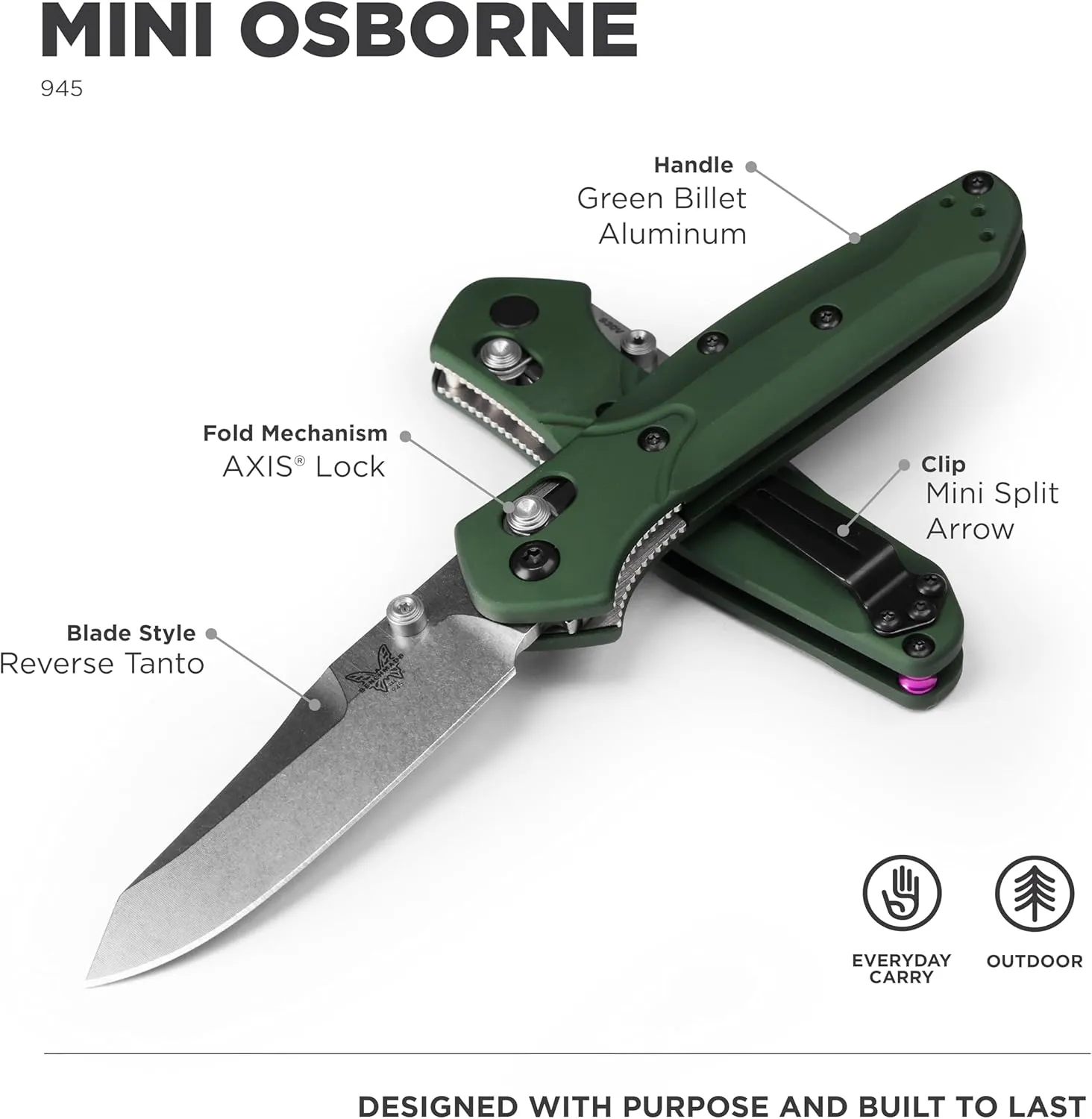 Benchmade - Mini Osborne 945 Folding Knife with Green Aluminum Handle (945)