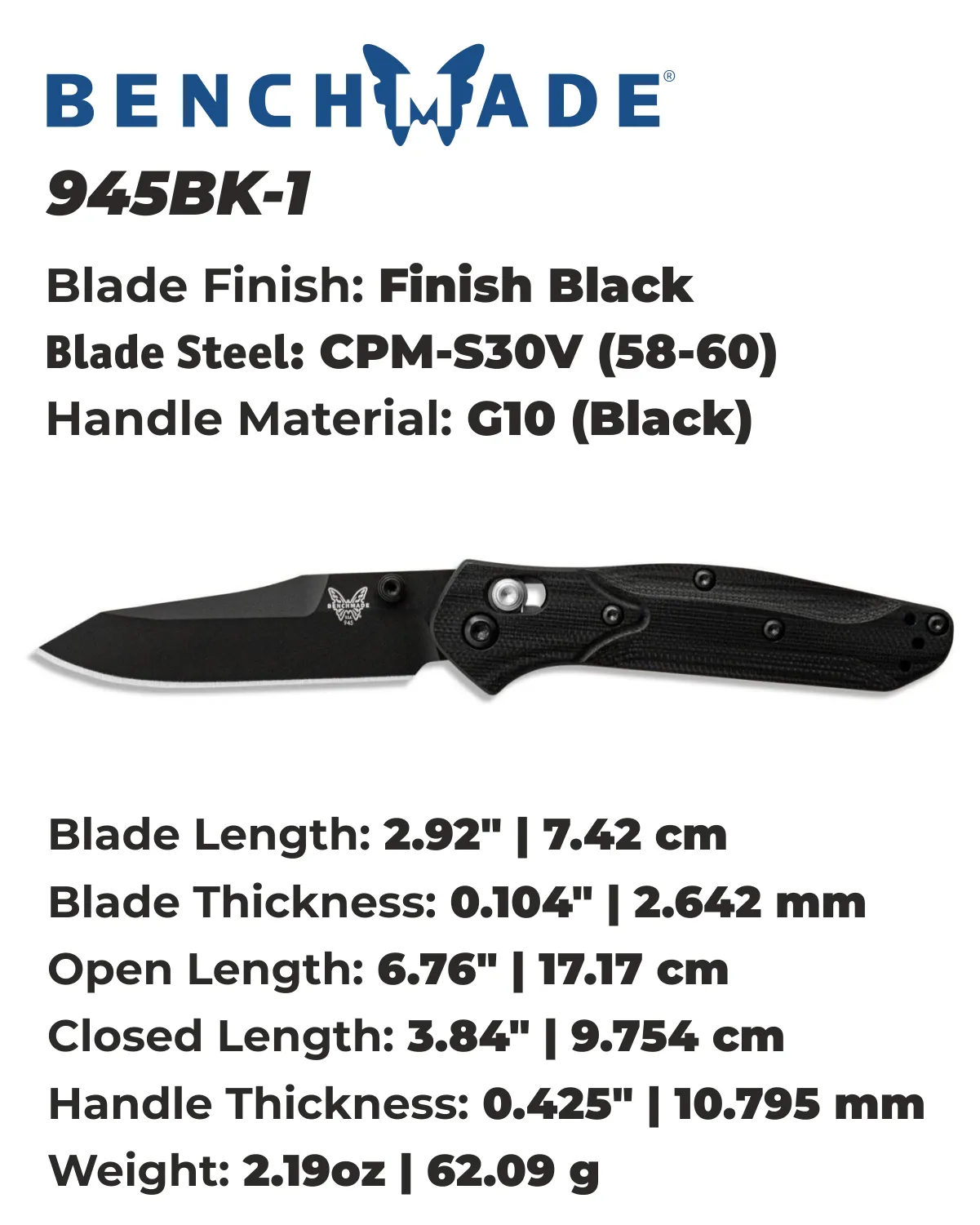 Benchmade Mini Osborne 945BK-1 CPM-S30V (58-60) 2.92" Plain Edge Pocket Knife with Benchmade Blue Lube Lubricant for knives 37ml 1.25fl oz (Made in USA)