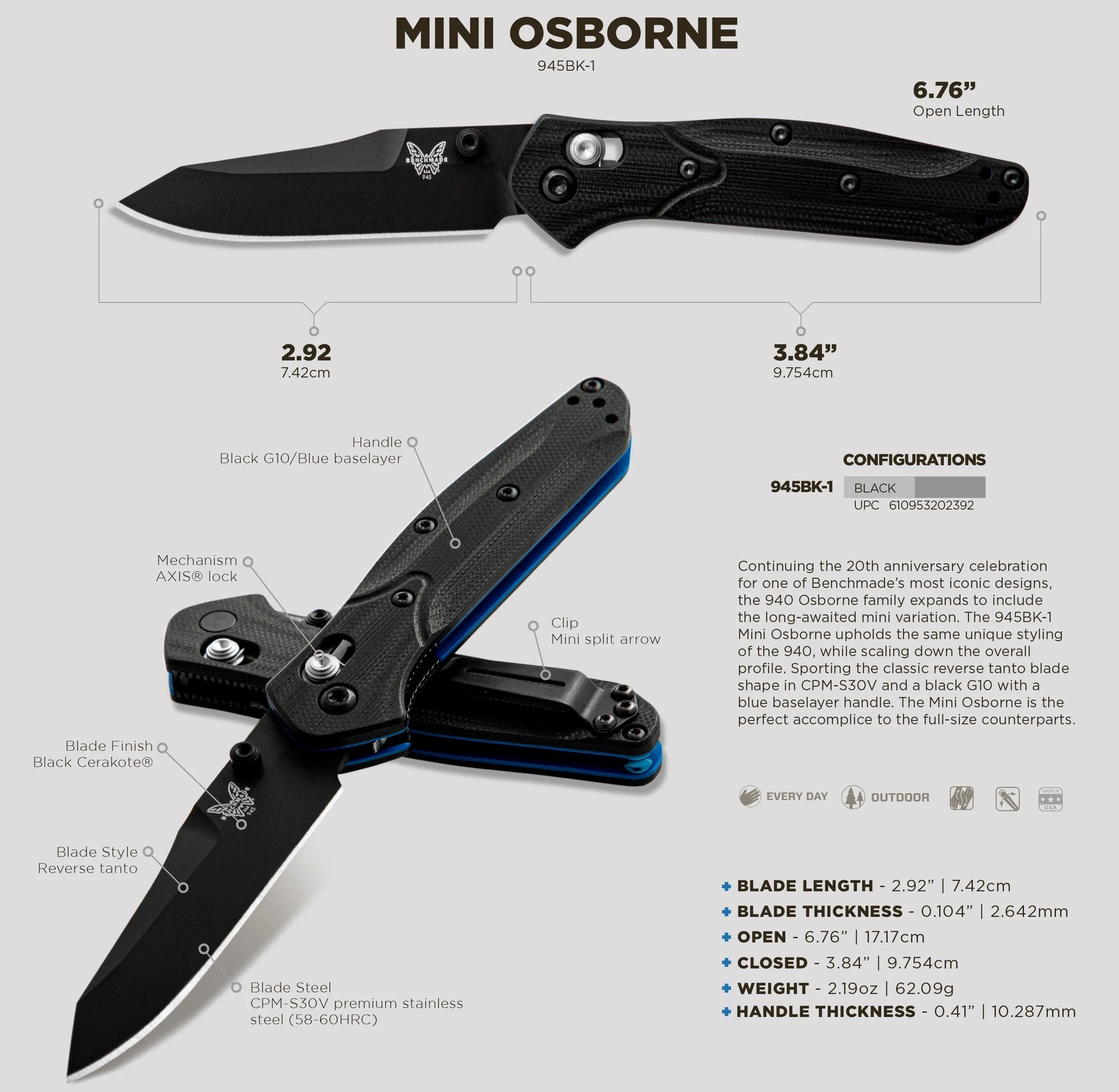 Benchmade Mini Osborne 945BK-1 CPM-S30V (58-60) 2.92" Plain Edge Pocket Knife with Benchmade Blue Lube Lubricant for knives 37ml 1.25fl oz (Made in USA)