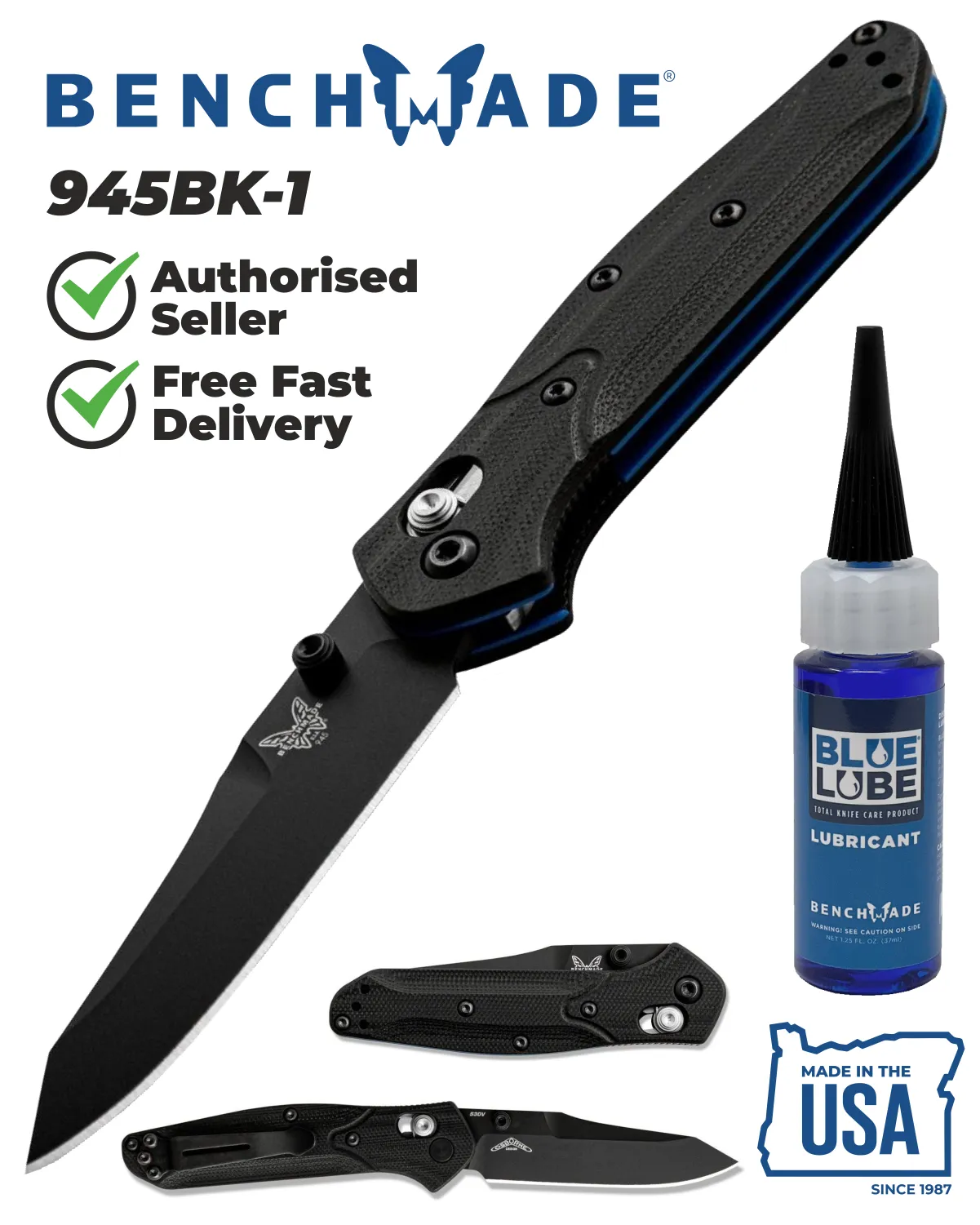 Benchmade Mini Osborne 945BK-1 CPM-S30V (58-60) 2.92" Plain Edge Pocket Knife with Benchmade Blue Lube Lubricant for knives 37ml 1.25fl oz (Made in USA)