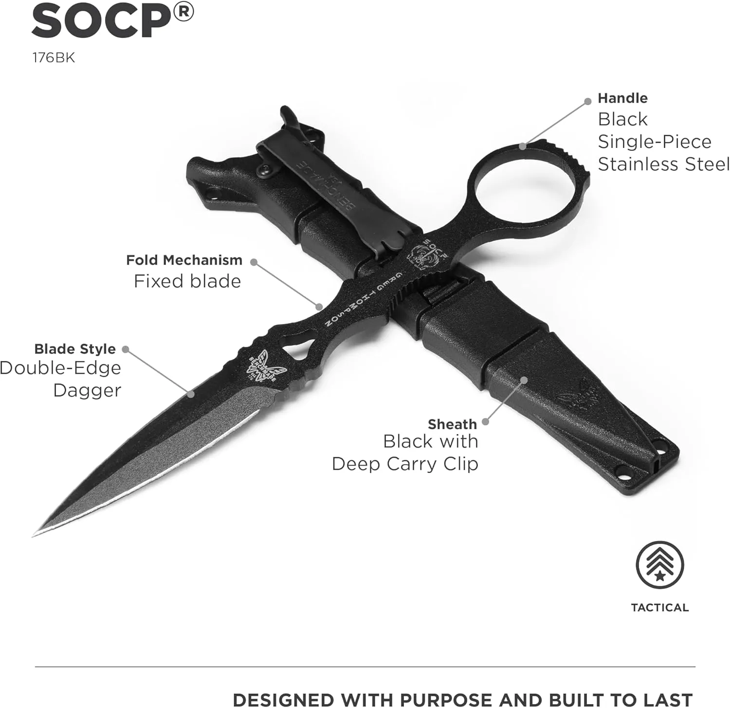 Benchmade - SOCP Knife, Double Edge Dagger Blade, Plain Edge, Black Handle