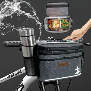 Bike Handlebar Bag with Touch Screen Phone Holder, Waterproof Front Basket, Insulated Cooler Lunch Bag