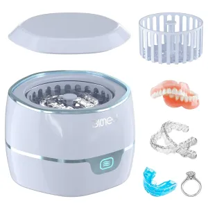 BINGA Ultrasonic Retention Cleaner,45kHz Denture Cleaner Machine, 245ml Dental Cleaning Pod with Mouth Guards, Braces, Toothbrush Heads, Jewelry(Blue)
