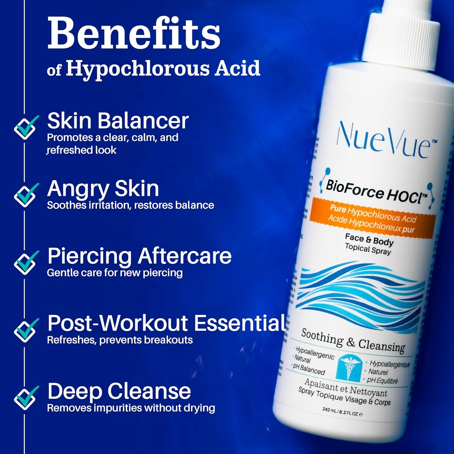 BioForce Pure Hypochlorous Acid Spray for Face & Body - Made in Canada - Gentle Skin Cleanser & Toner, Acne-Prone Skin, Eczema, Piercing aftercare, pH Balanced, Alcohol-Free, NueVue (2-Pack x 8.2oz)