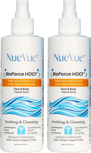 BioForce Pure Hypochlorous Acid Spray for Face & Body - Made in Canada - Gentle Skin Cleanser & Toner, Acne-Prone Skin, Eczema, Piercing aftercare, pH Balanced, Alcohol-Free, NueVue (2-Pack x 8.2oz)
