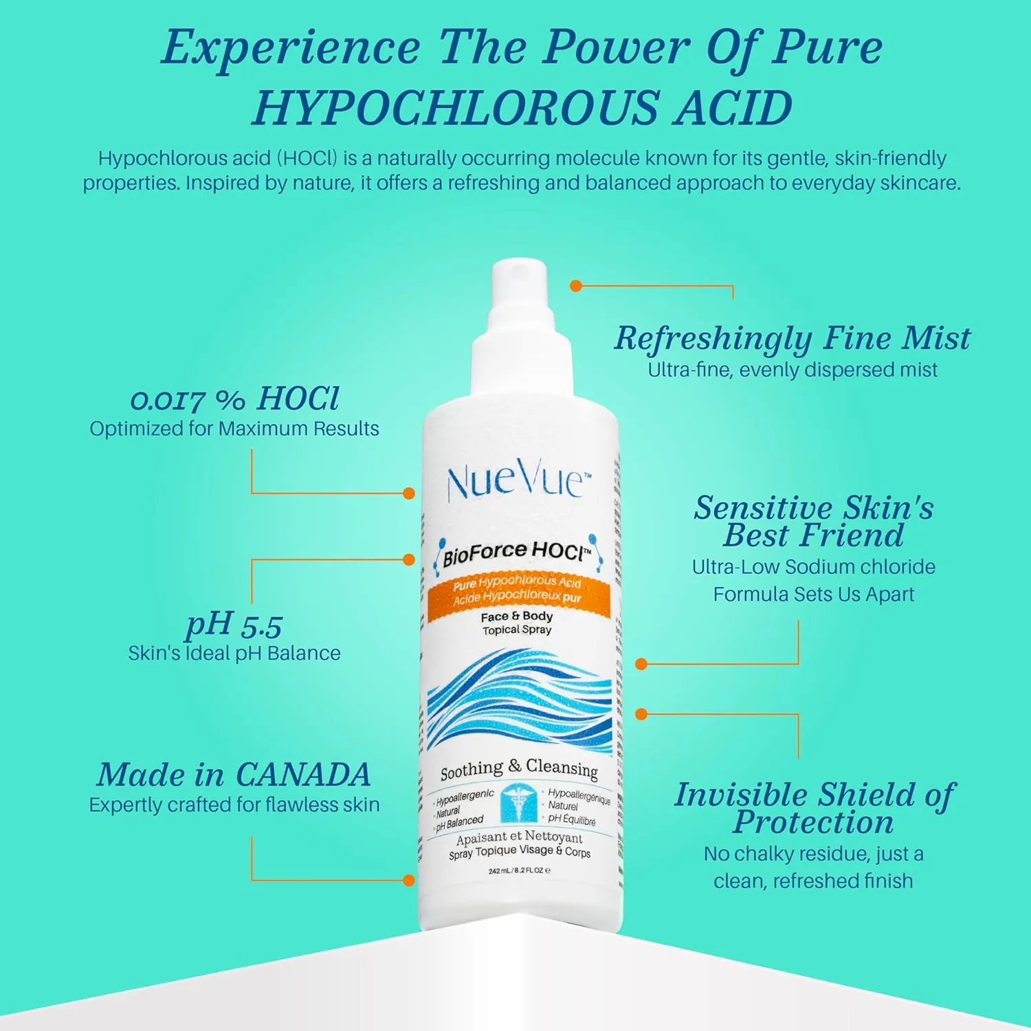 BioForce Pure Hypochlorous Acid Spray for Face & Body - Made in Canada - Gentle Skin Cleanser & Toner, Acne-Prone Skin, Eczema, Piercing aftercare, pH Balanced, Alcohol-Free, NueVue (2-Pack x 8.2oz)